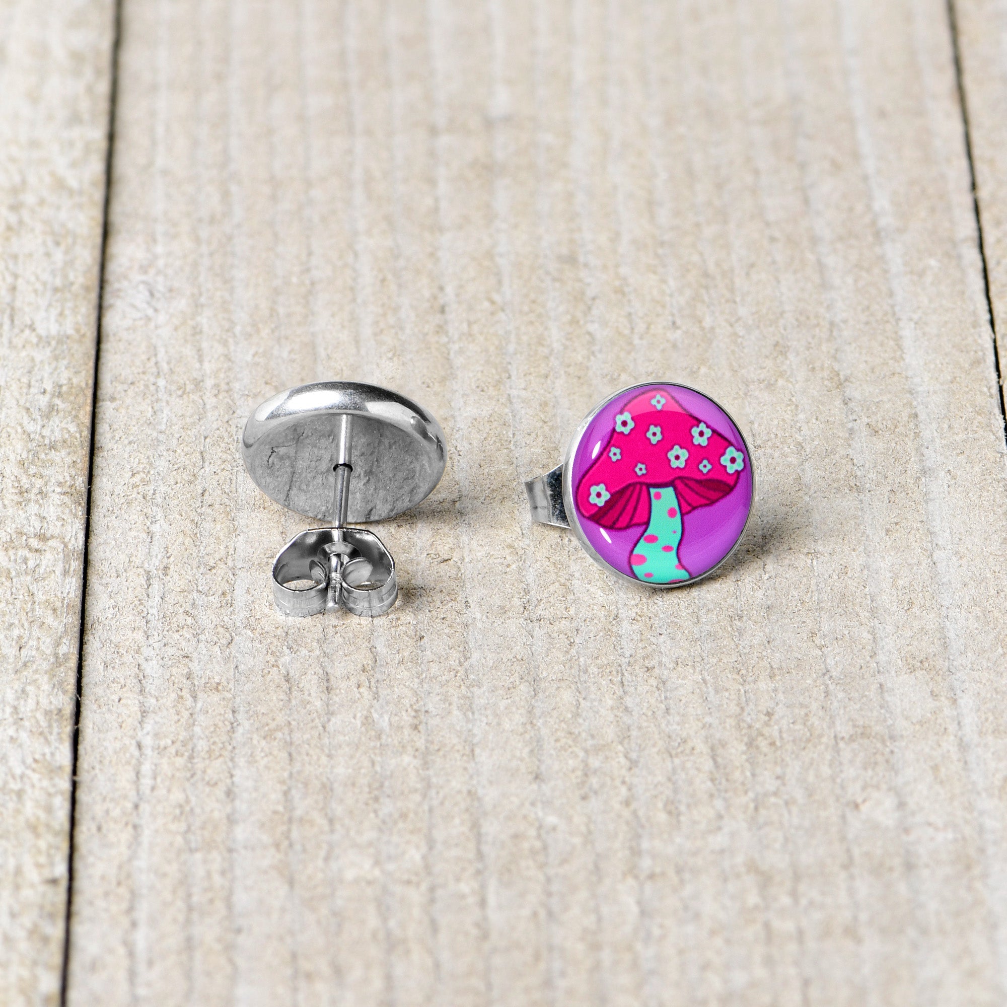BodyCandy Funky Floral Mushroom Stud Earrings by Onyx O — back view