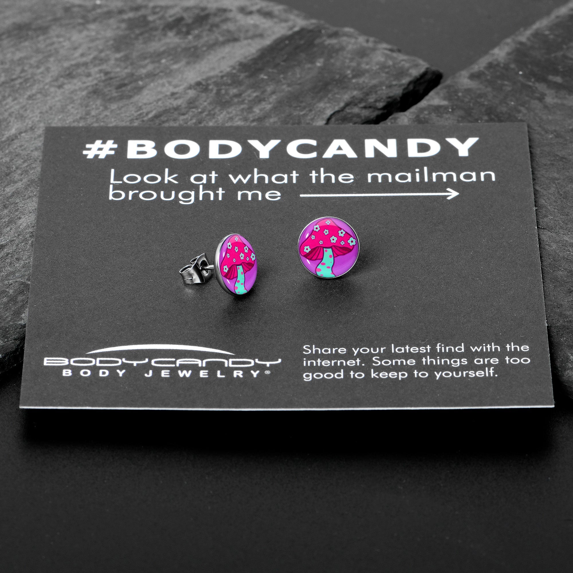 BodyCandy Funky Floral Mushroom Stud Earrings by Onyx O — in-use photo