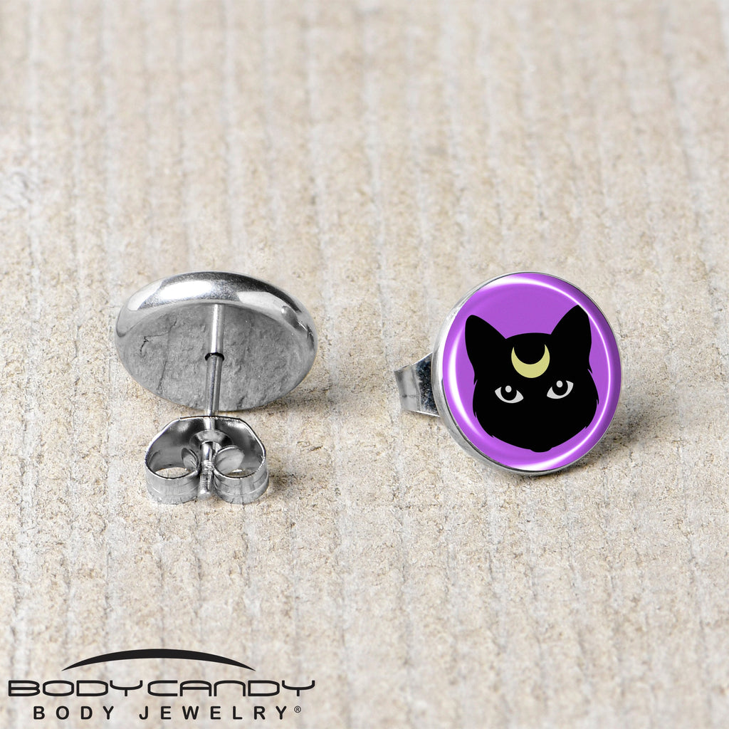 BodyCandy Black Mystic Kitty Cat Stud Earrings by Onyx O — back view