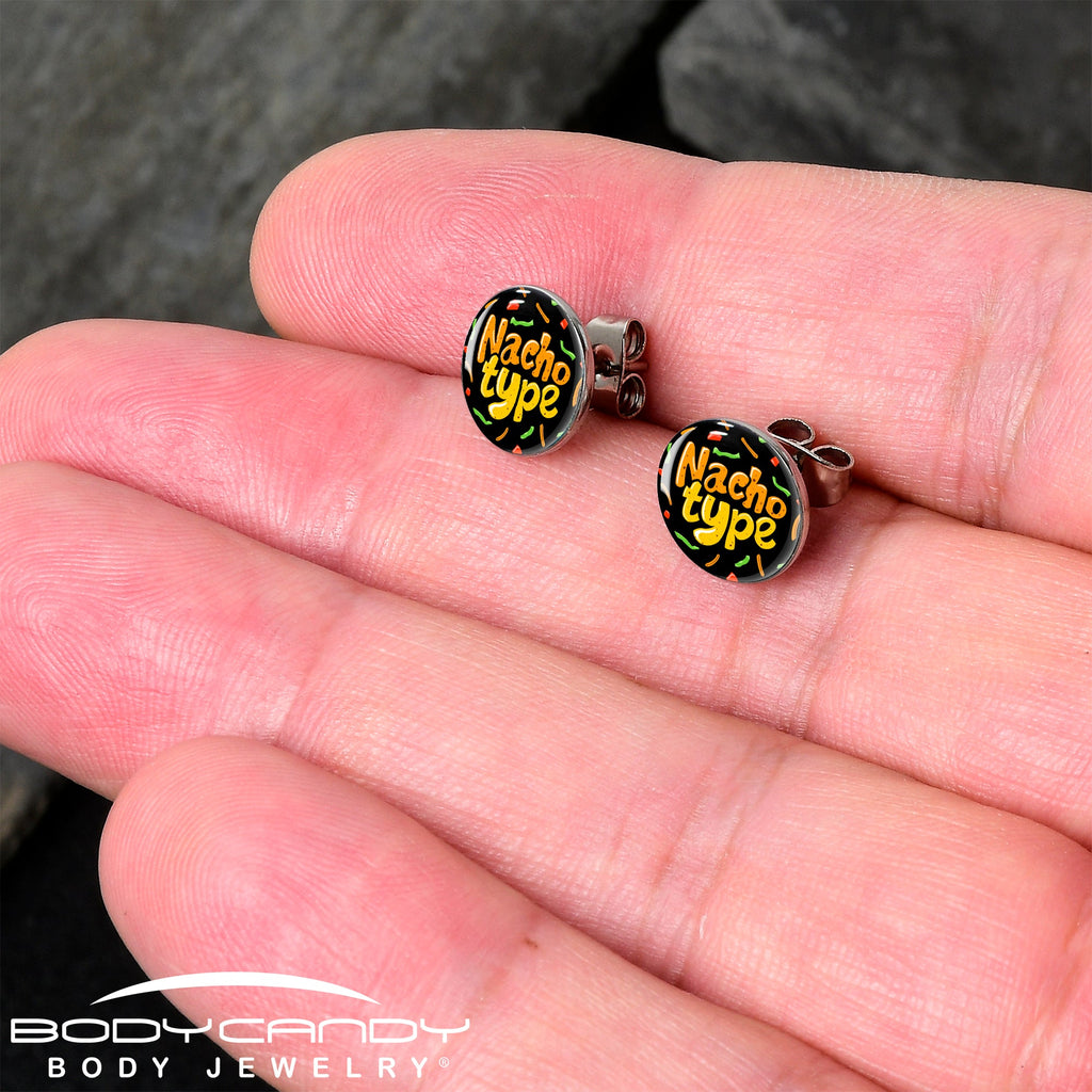 BodyCandy Nacho Type Stud Earrings by Onyx O — detail close-up