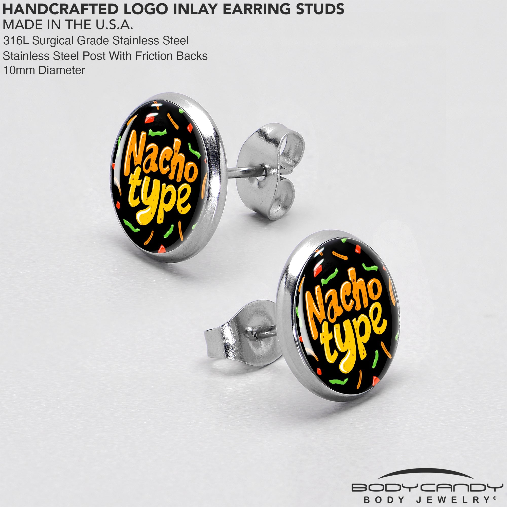 BodyCandy Nacho Type Stud Earrings by Onyx O — in-use photo