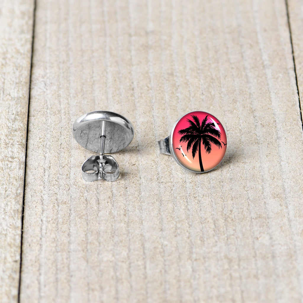 BodyCandy Red Sunset Palm Tree Stud Earrings by Onyx O — back view
