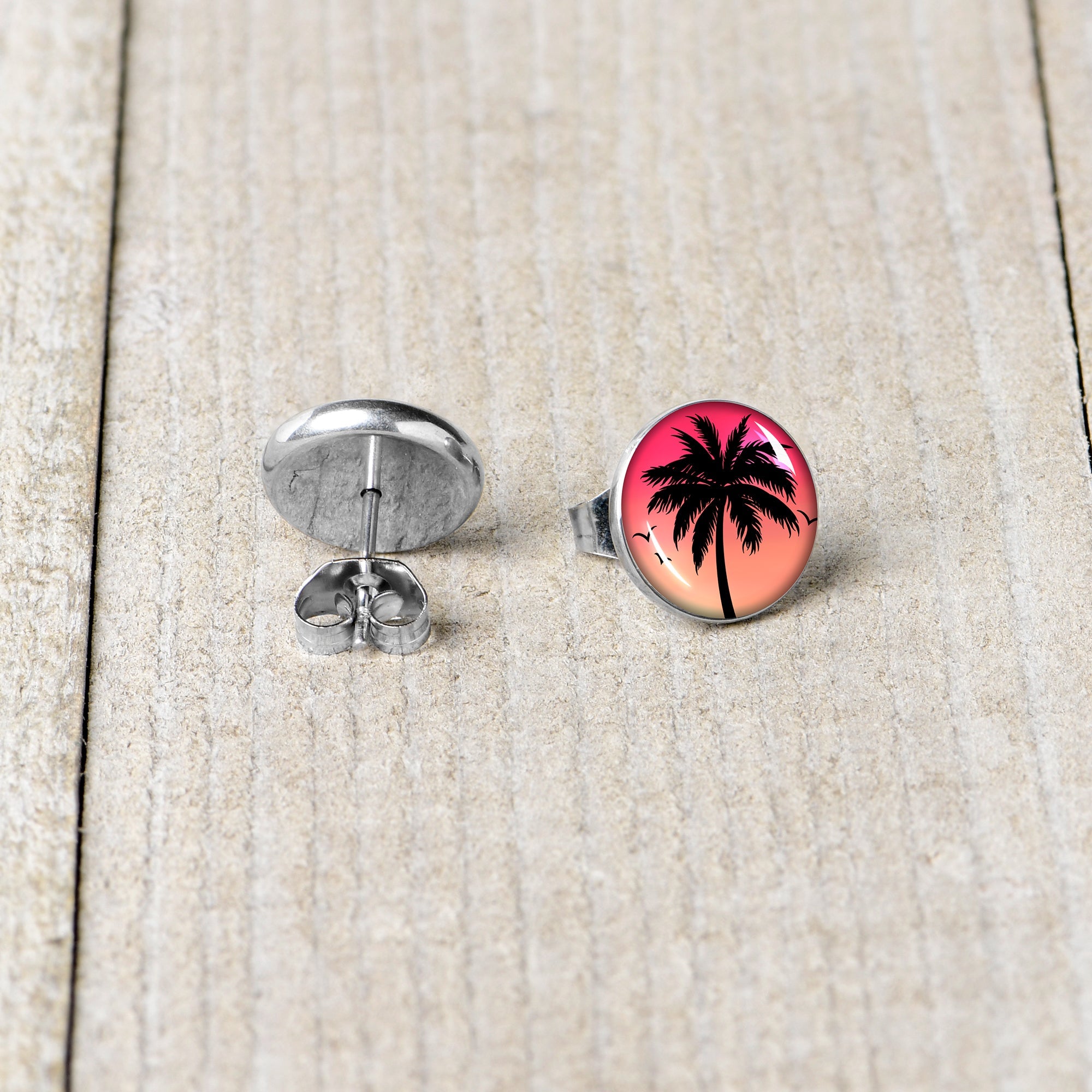 BodyCandy Red Sunset Palm Tree Stud Earrings by Onyx O — back view