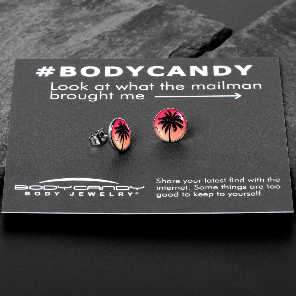 BodyCandy Red Sunset Palm Tree Stud Earrings by Onyx O — in-use photo