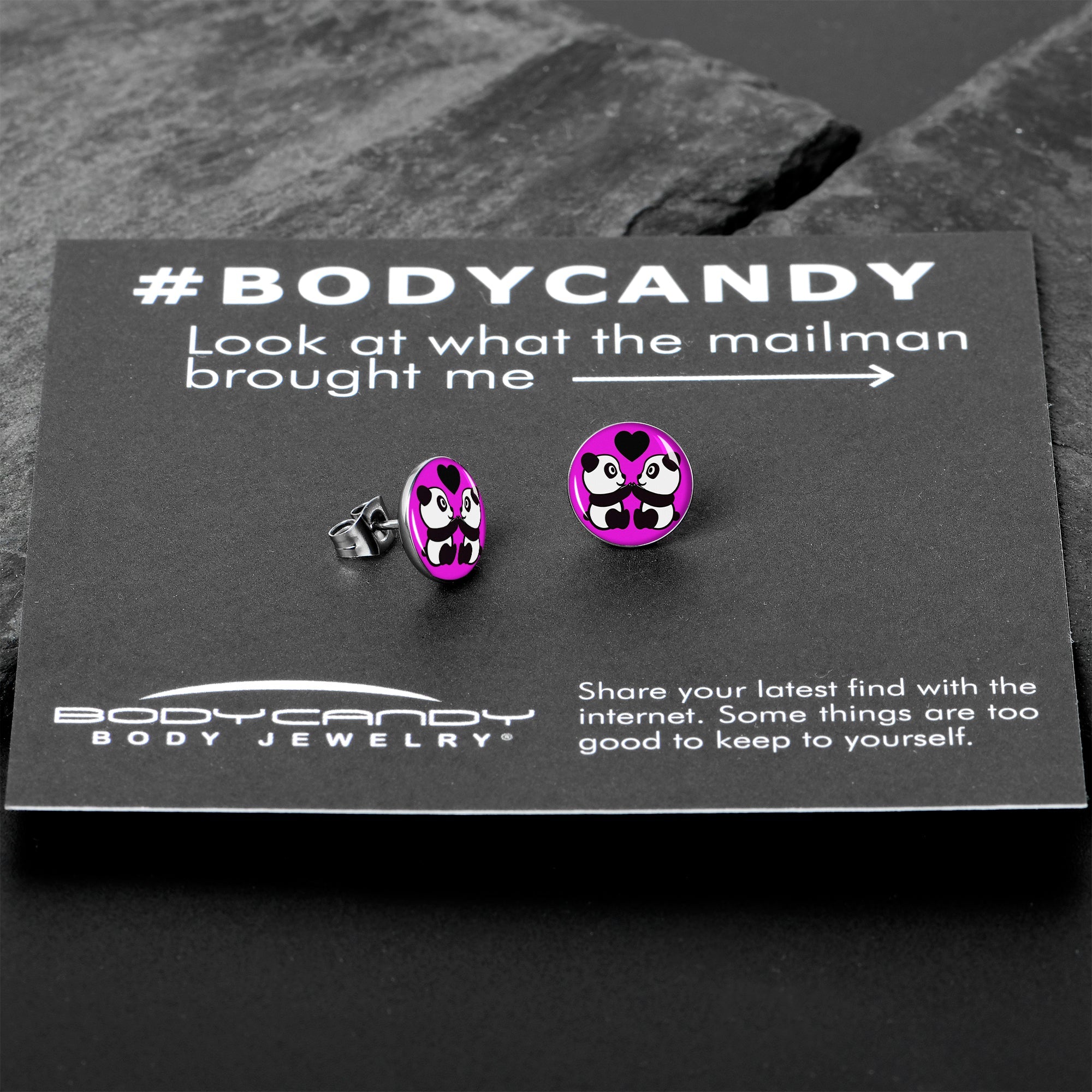 BodyCandy Panda Love Stud Earrings by Onyx O — in-use photo