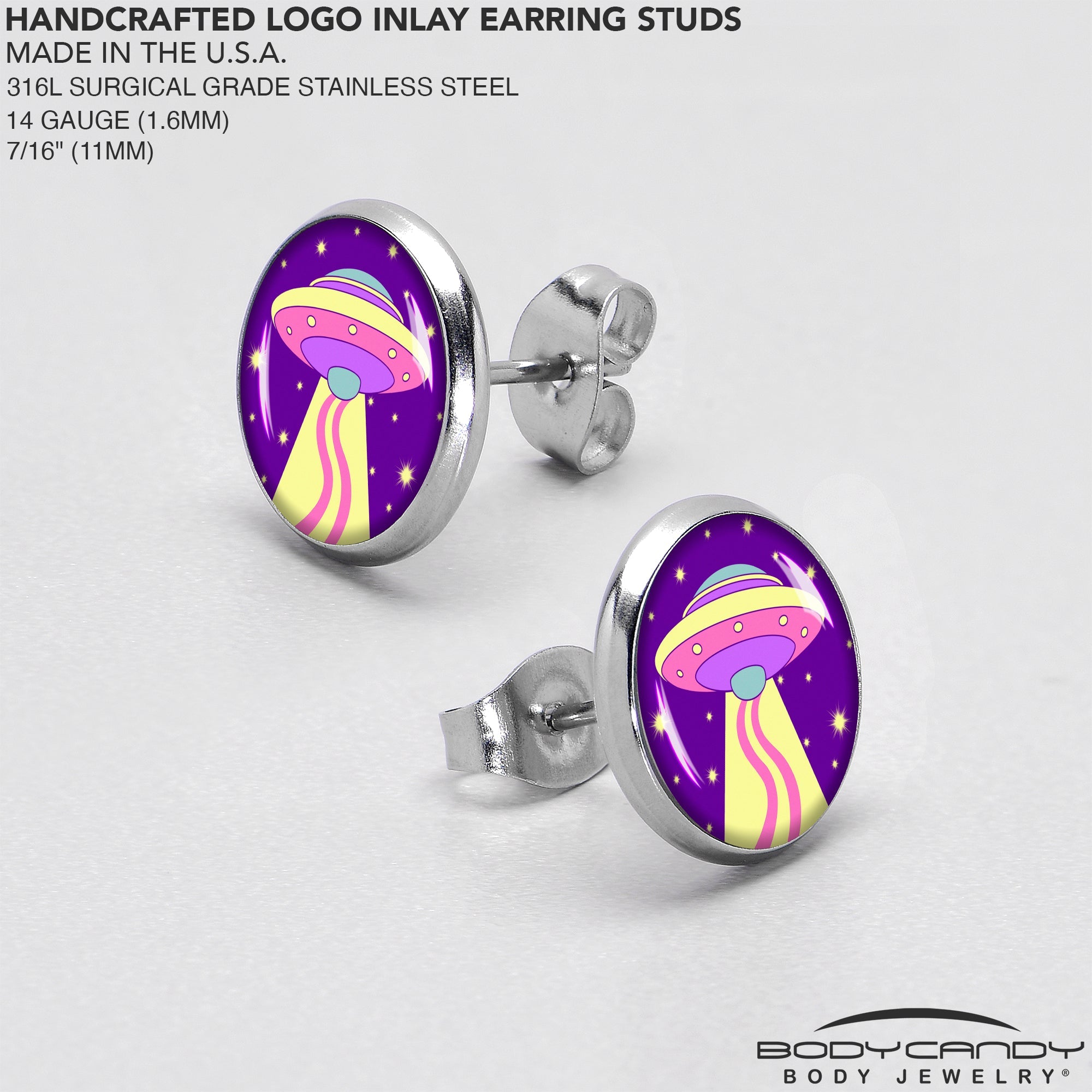 BodyCandy Style Space Invasion UFO Stud Earrings by Onyx O — in-use photo