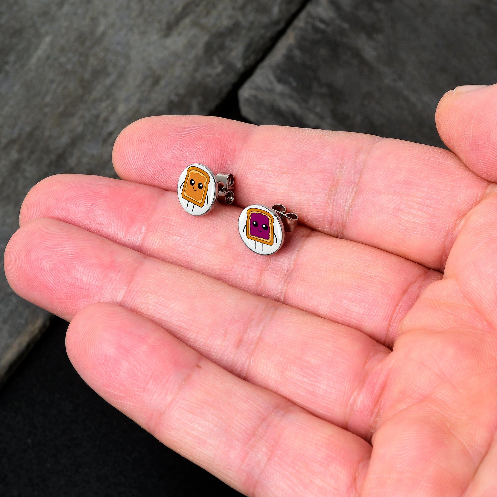 BodyCandy PB and J Peanut Butter and Jelly Sandwich Stud Earrings by Onyx O — detail close-up