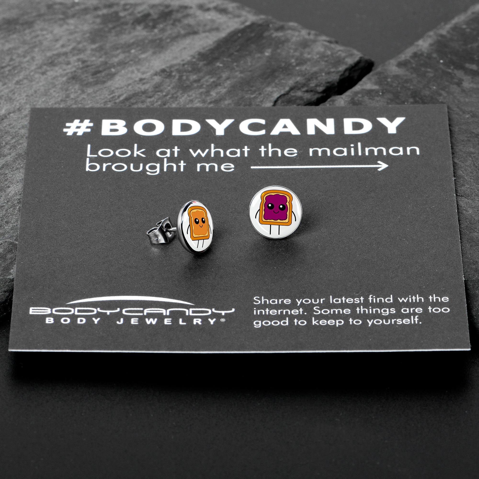 BodyCandy PB and J Peanut Butter and Jelly Sandwich Stud Earrings by Onyx O — in-use photo