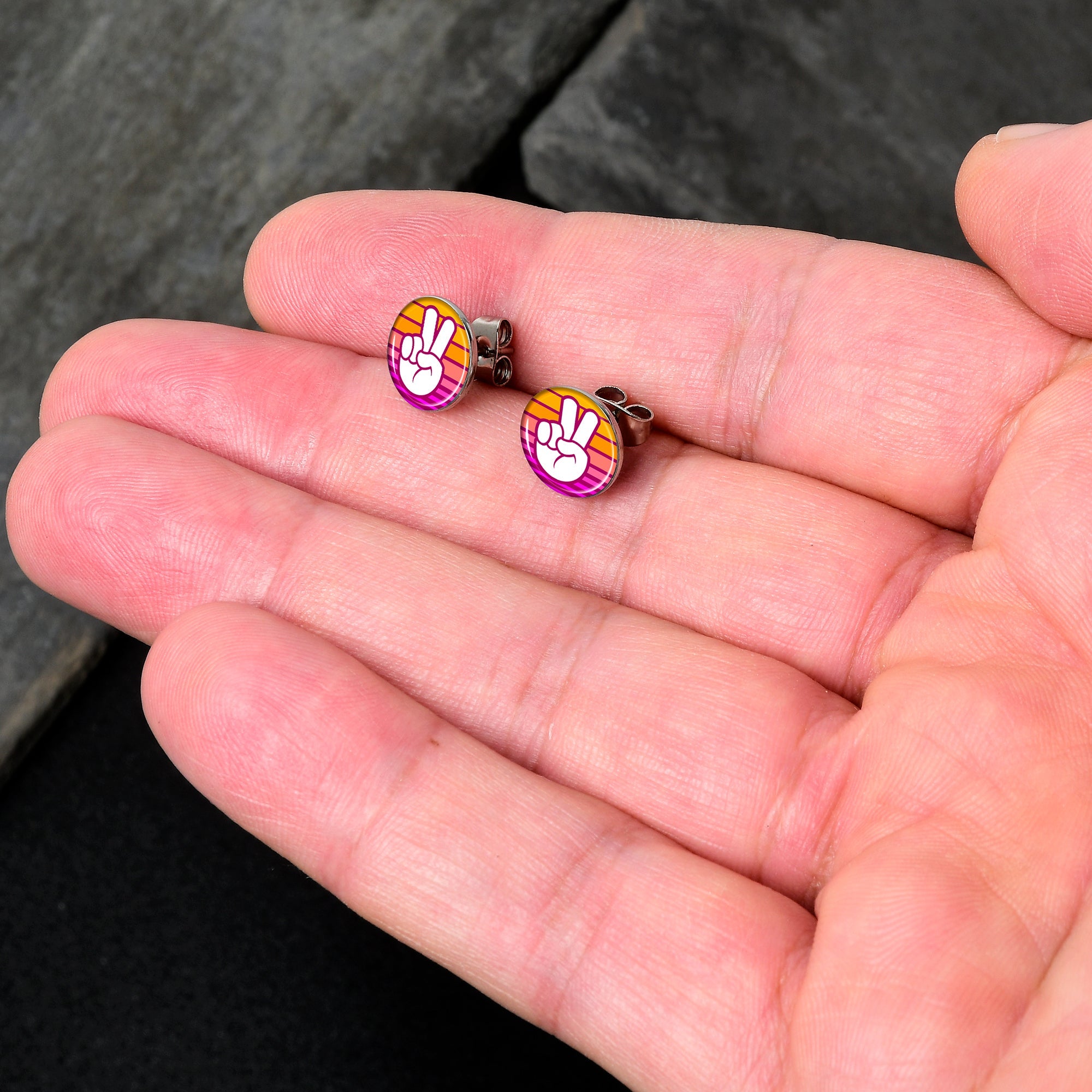 BodyCandy Retro Stripes Peace Sign Fingers Stud Earrings by Onyx O — detail close-up