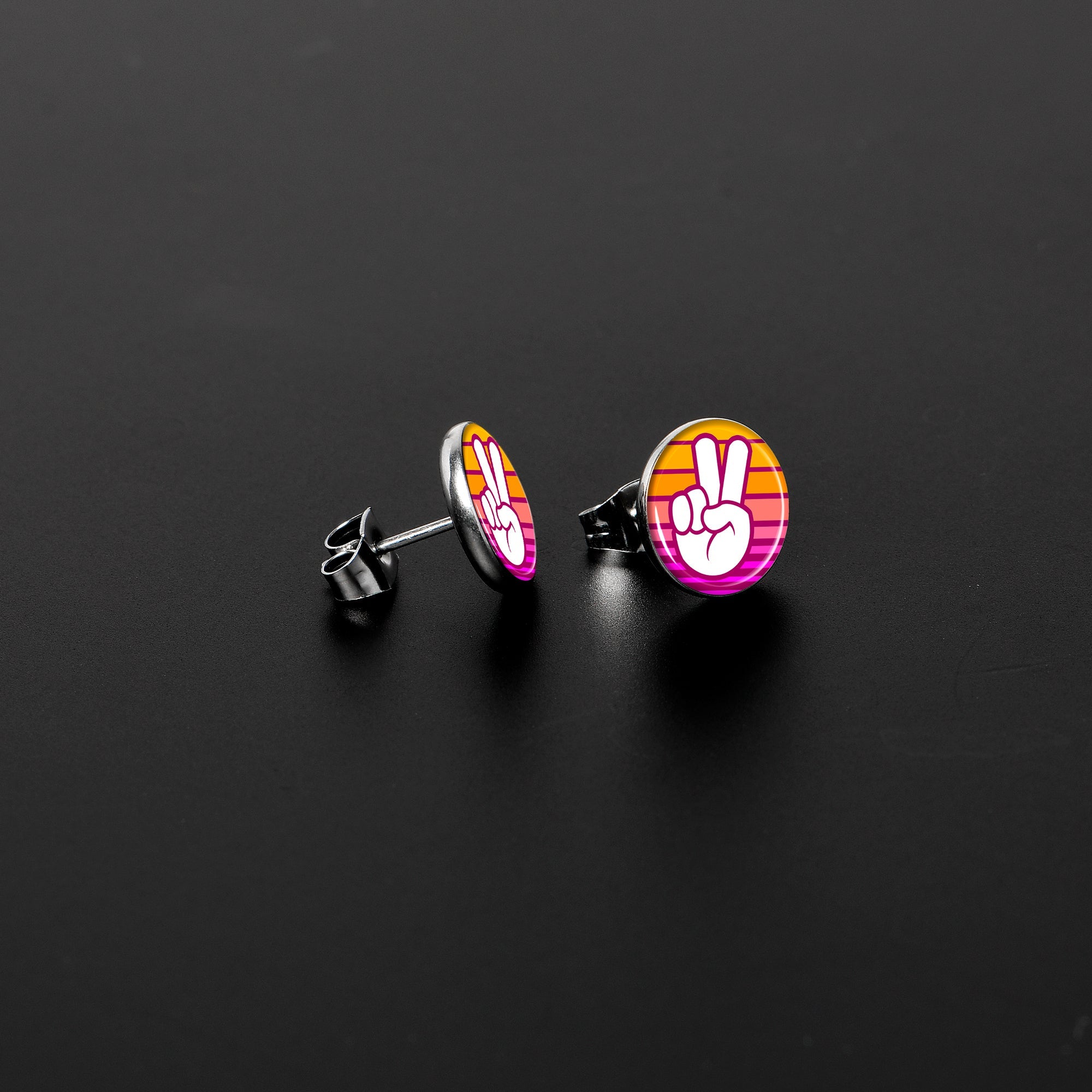 BodyCandy Retro Stripes Peace Sign Fingers Stud Earrings by Onyx O — lifestyle context