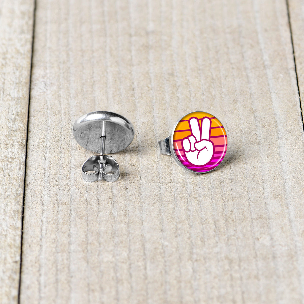 BodyCandy Retro Stripes Peace Sign Fingers Stud Earrings by Onyx O — back view