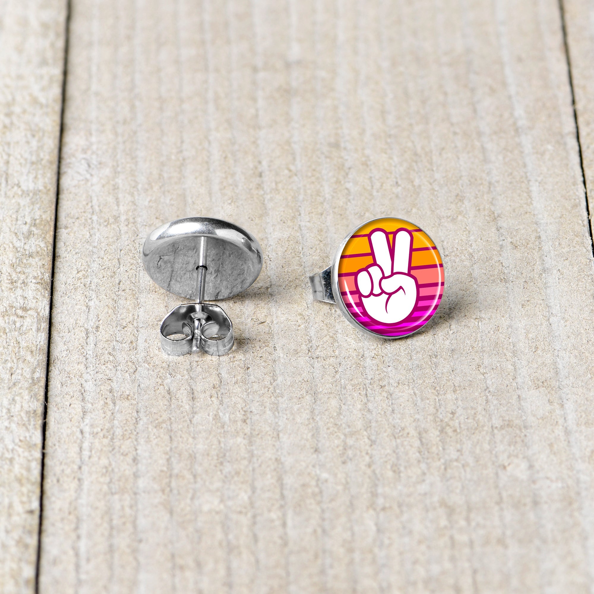 BodyCandy Retro Stripes Peace Sign Fingers Stud Earrings by Onyx O — back view