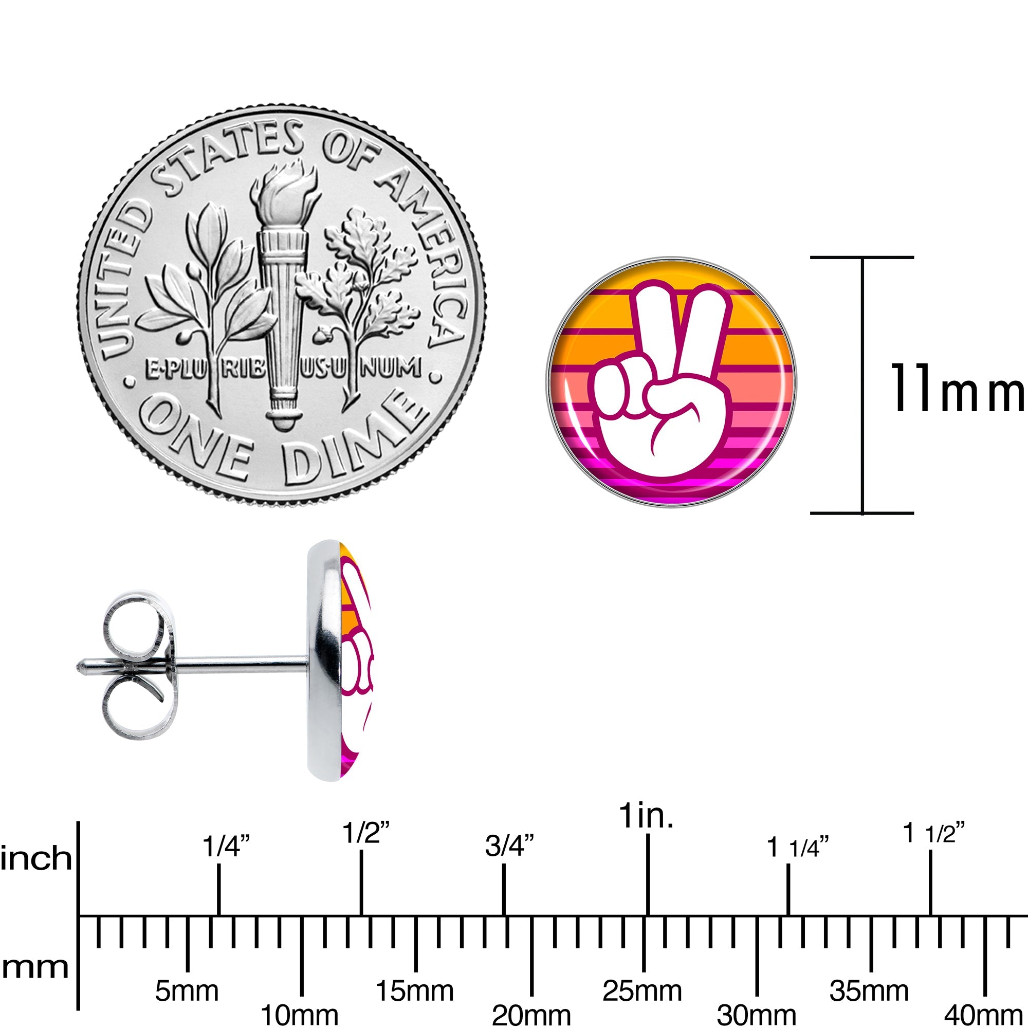 BodyCandy Retro Stripes Peace Sign Fingers Stud Earrings by Onyx O — alternative angle