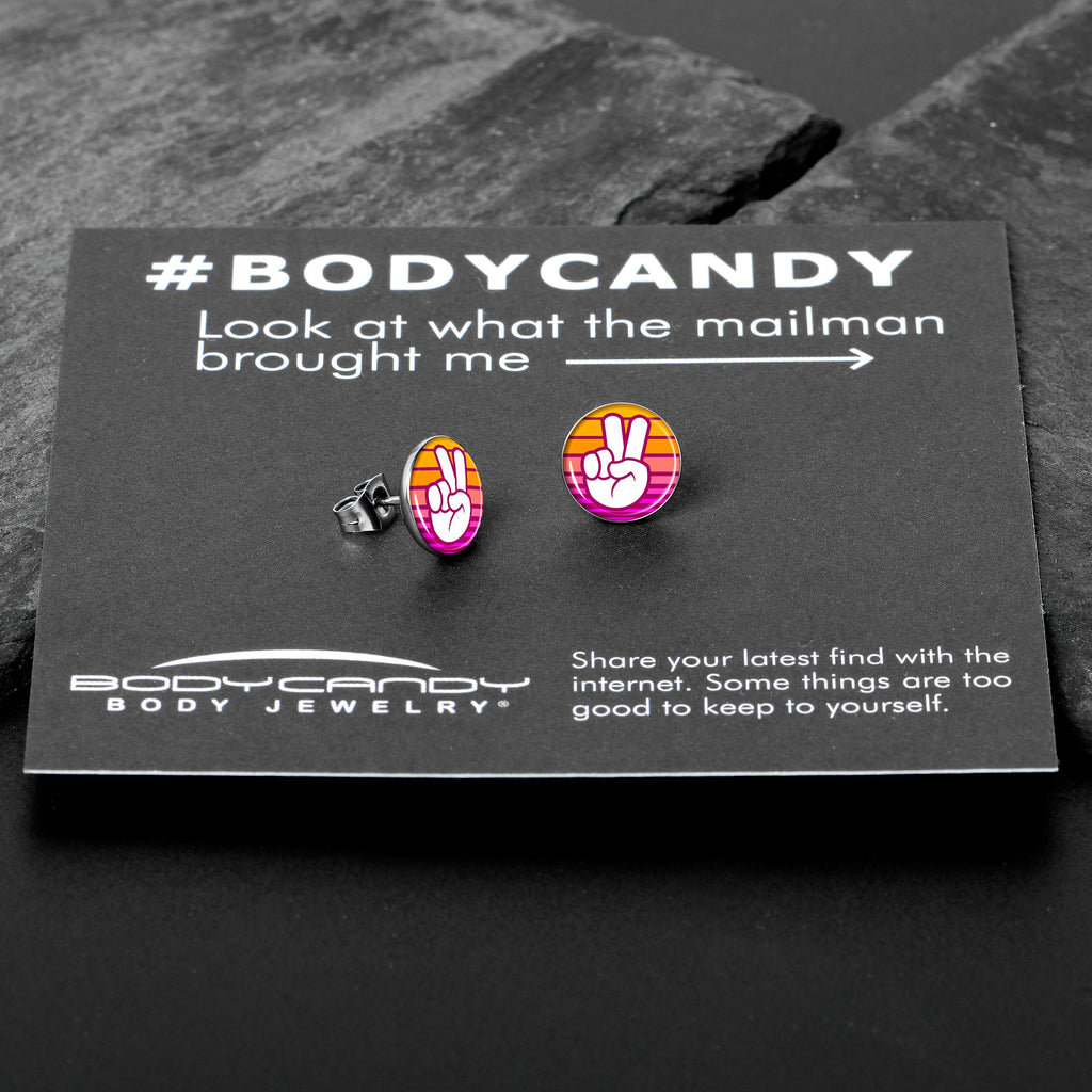 BodyCandy Retro Stripes Peace Sign Fingers Stud Earrings by Onyx O — in-use photo