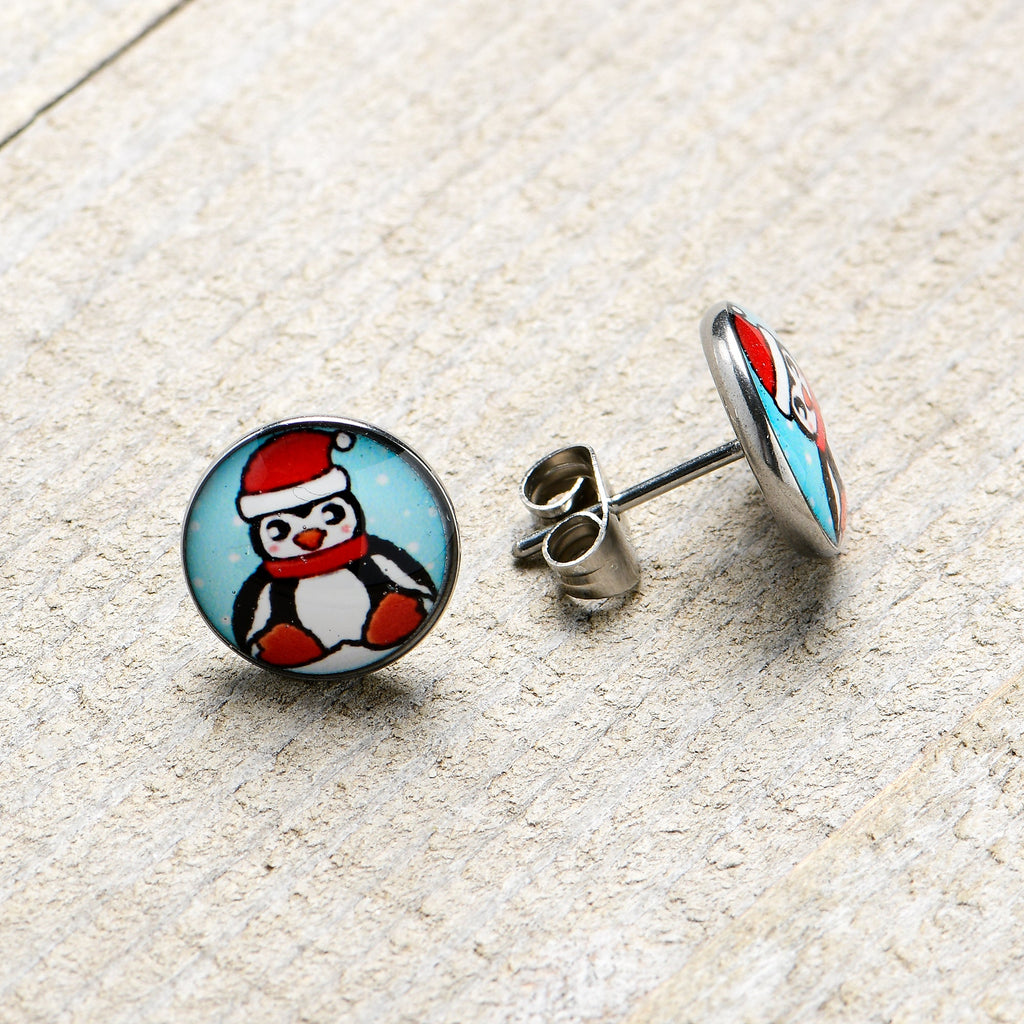 BodyCandy Snowfall Holiday Penguin Stud Earrings by Onyx O — in-use photo