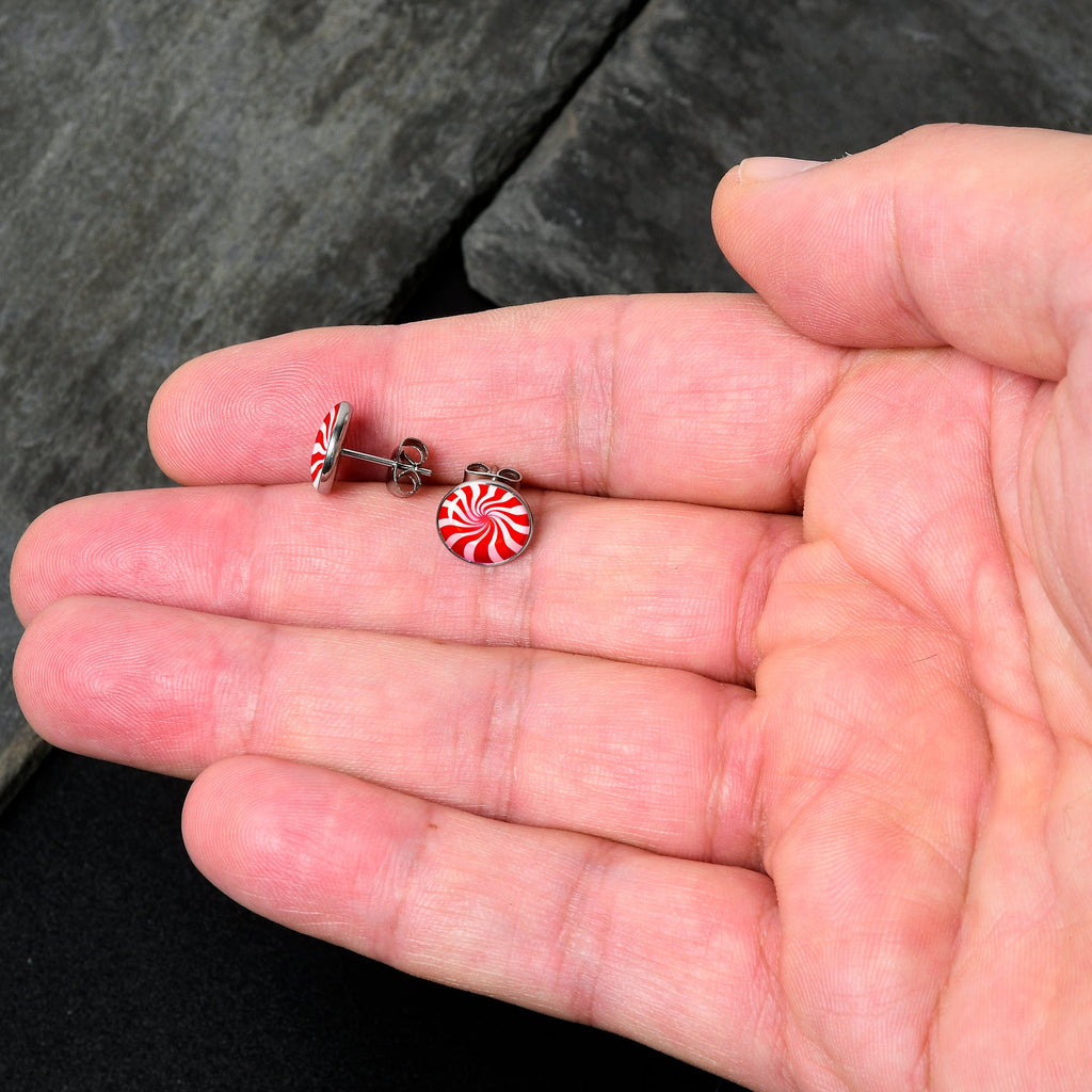 BodyCandy Holiday Peppermint Candy Stud Earrings — detail close-up