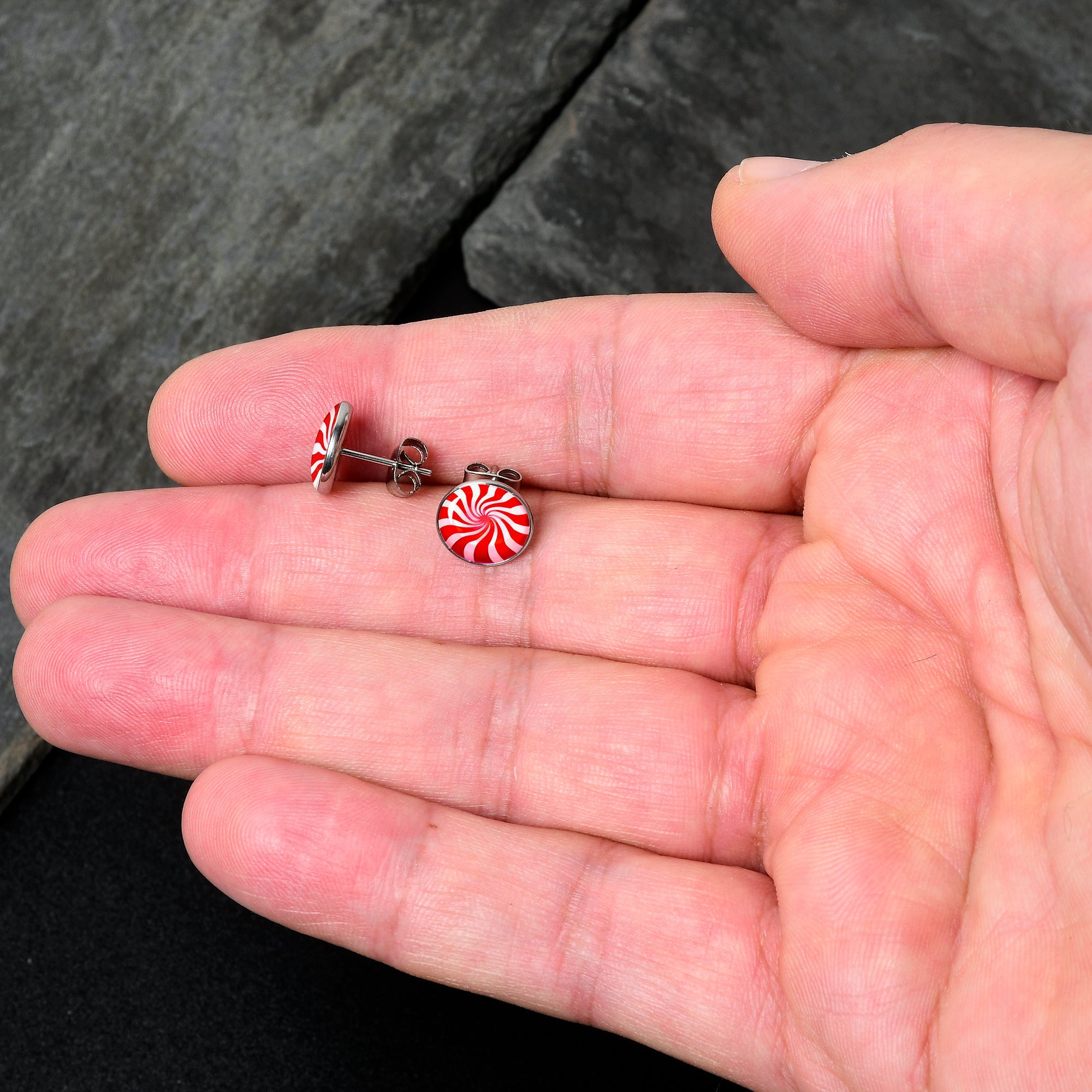 BodyCandy Holiday Peppermint Candy Stud Earrings — detail close-up