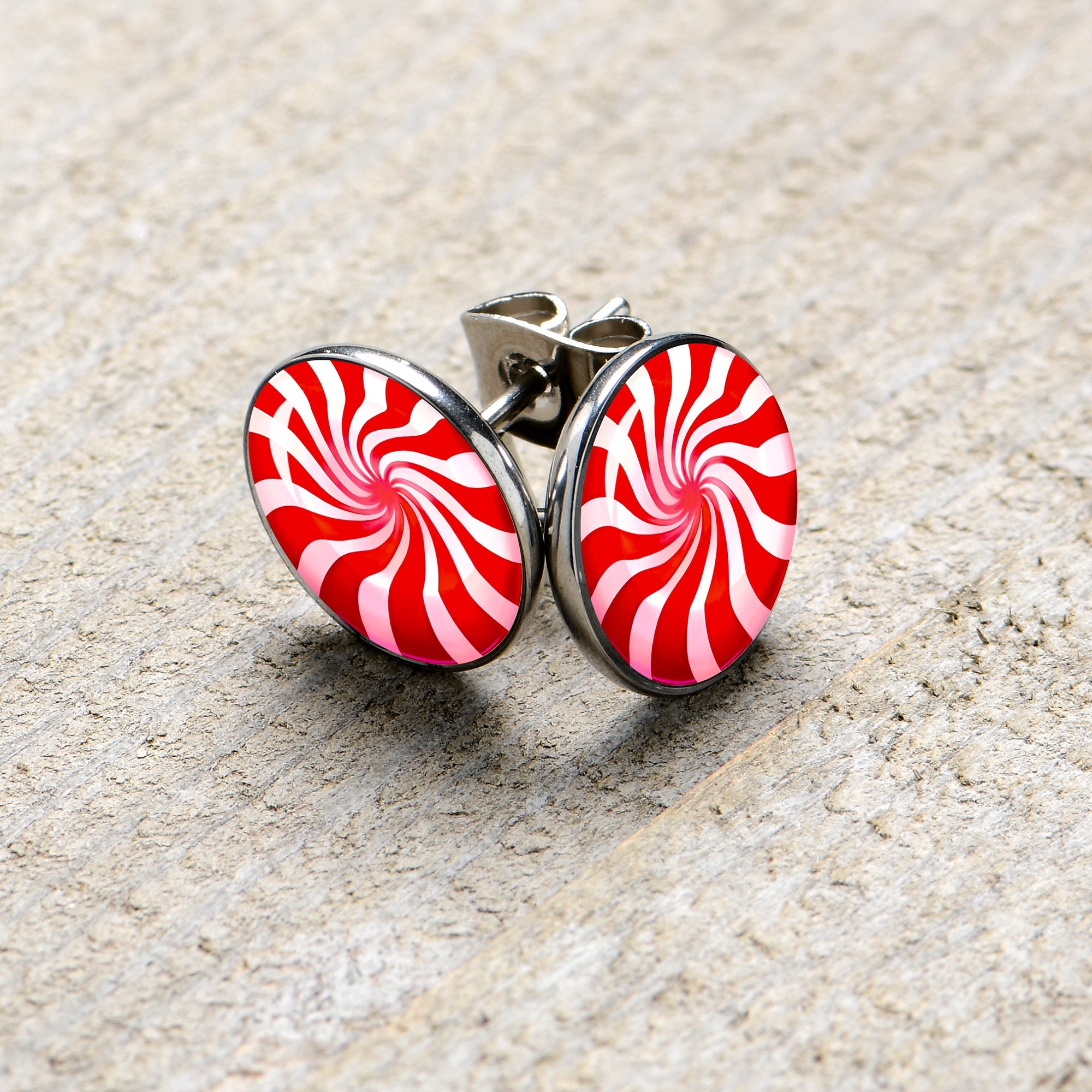 BodyCandy Holiday Peppermint Candy Stud Earrings — lifestyle context