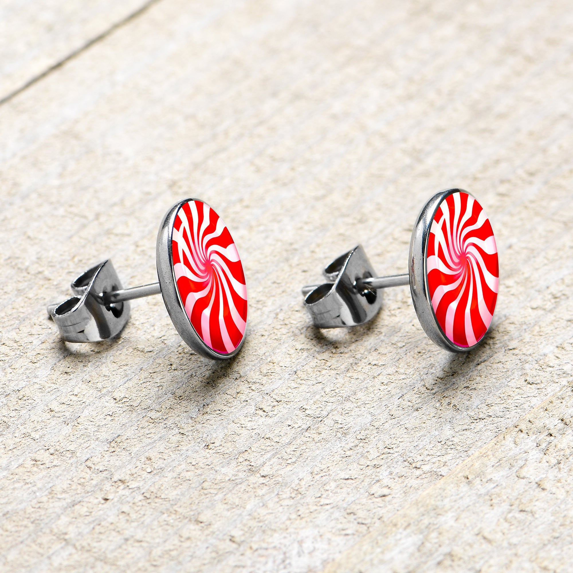 BodyCandy Holiday Peppermint Candy Stud Earrings — back view