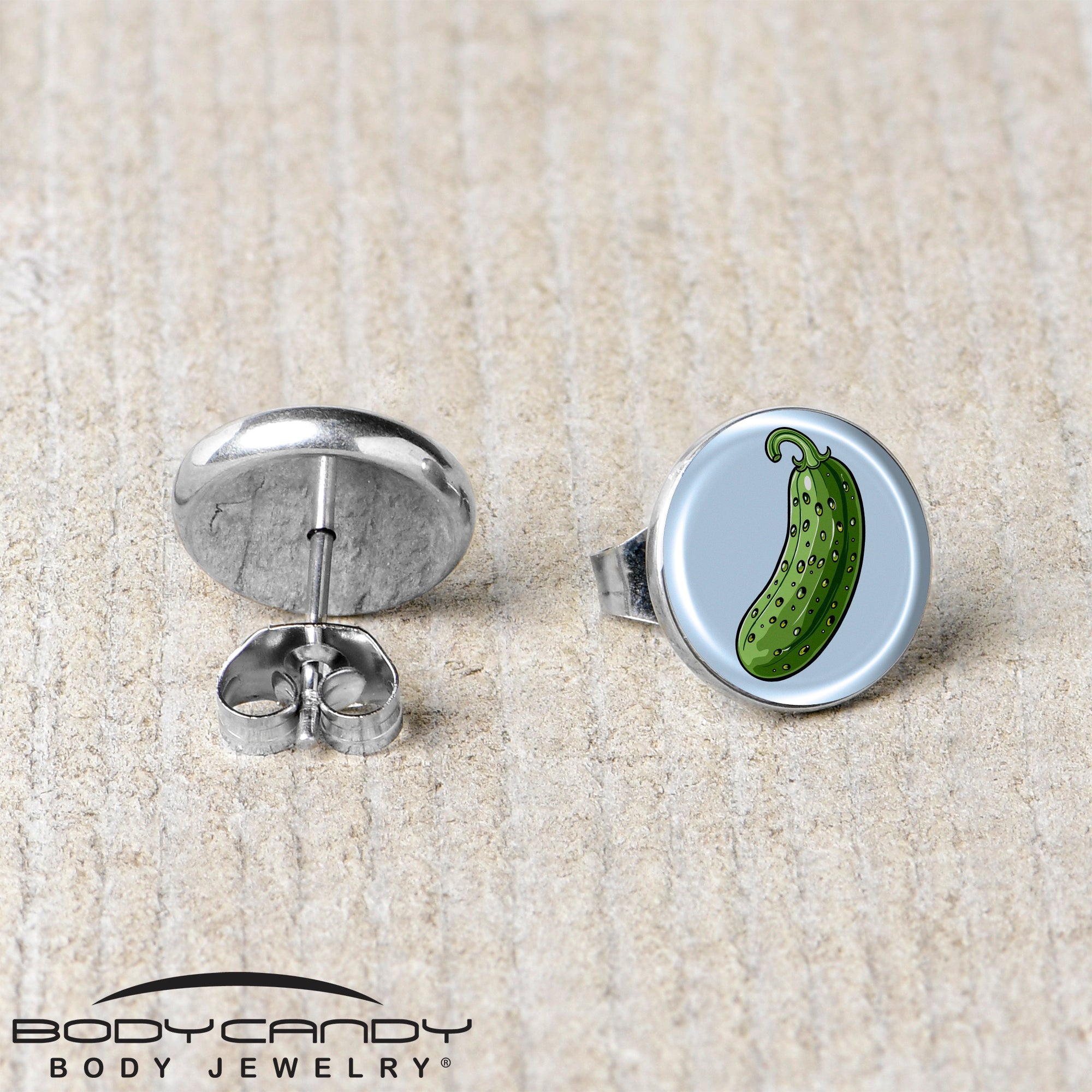 BodyCandy Green Pickle Stud Earrings by Onyx O — back view