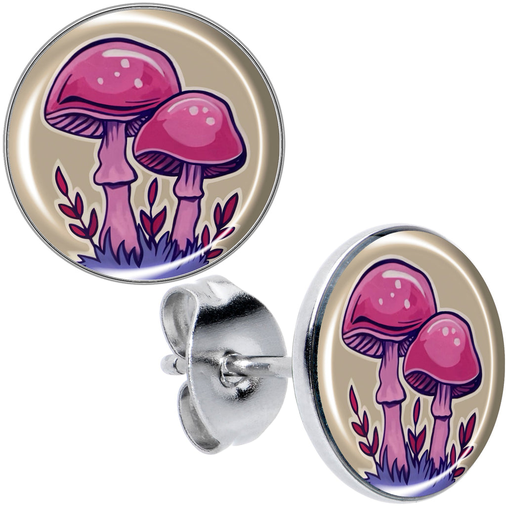 BodyCandy Artist Drawn Pink Mushrooms Stud Earrings by Onyx O — main product shot
