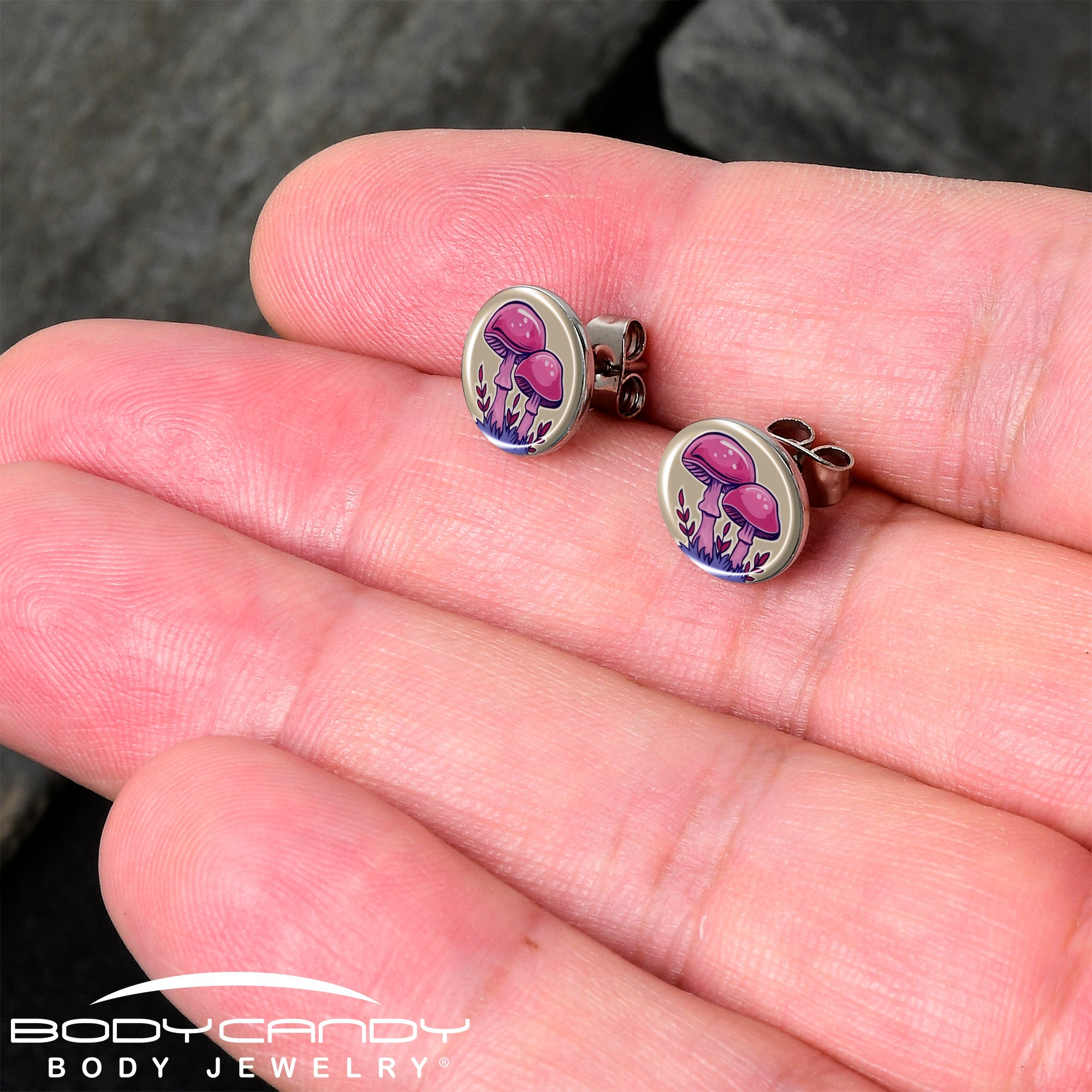 BodyCandy Artist Drawn Pink Mushrooms Stud Earrings by Onyx O — detail close-up