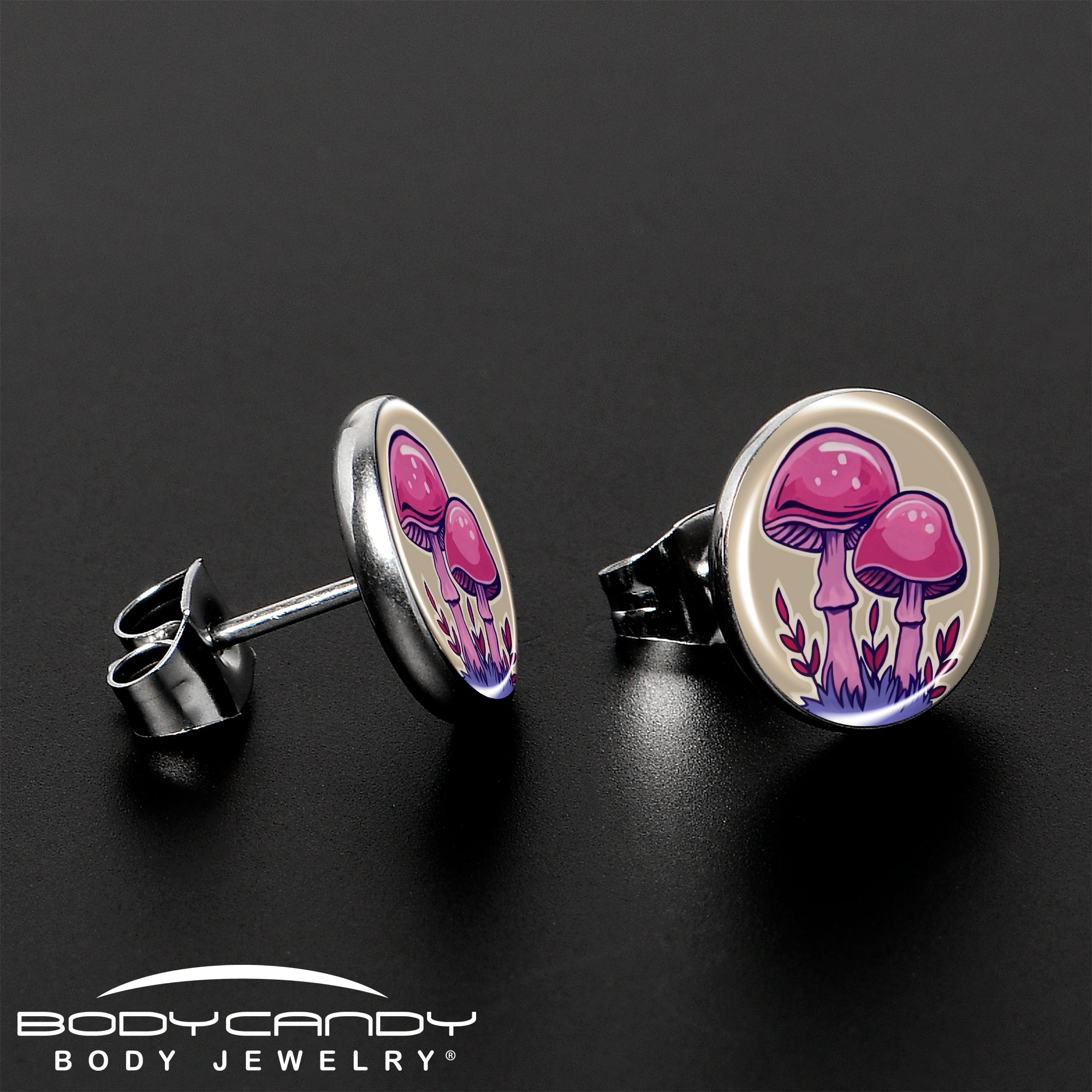 BodyCandy Artist Drawn Pink Mushrooms Stud Earrings by Onyx O — lifestyle context