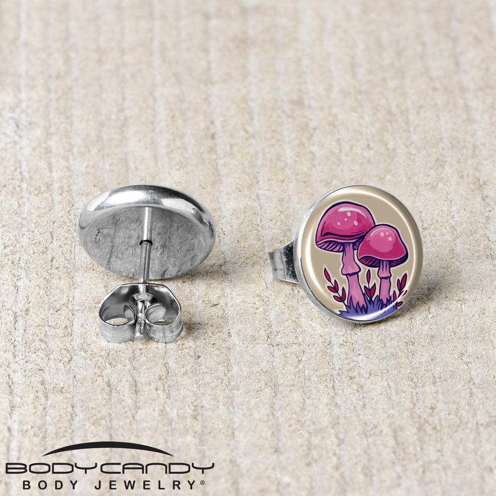 BodyCandy Artist Drawn Pink Mushrooms Stud Earrings by Onyx O — back view