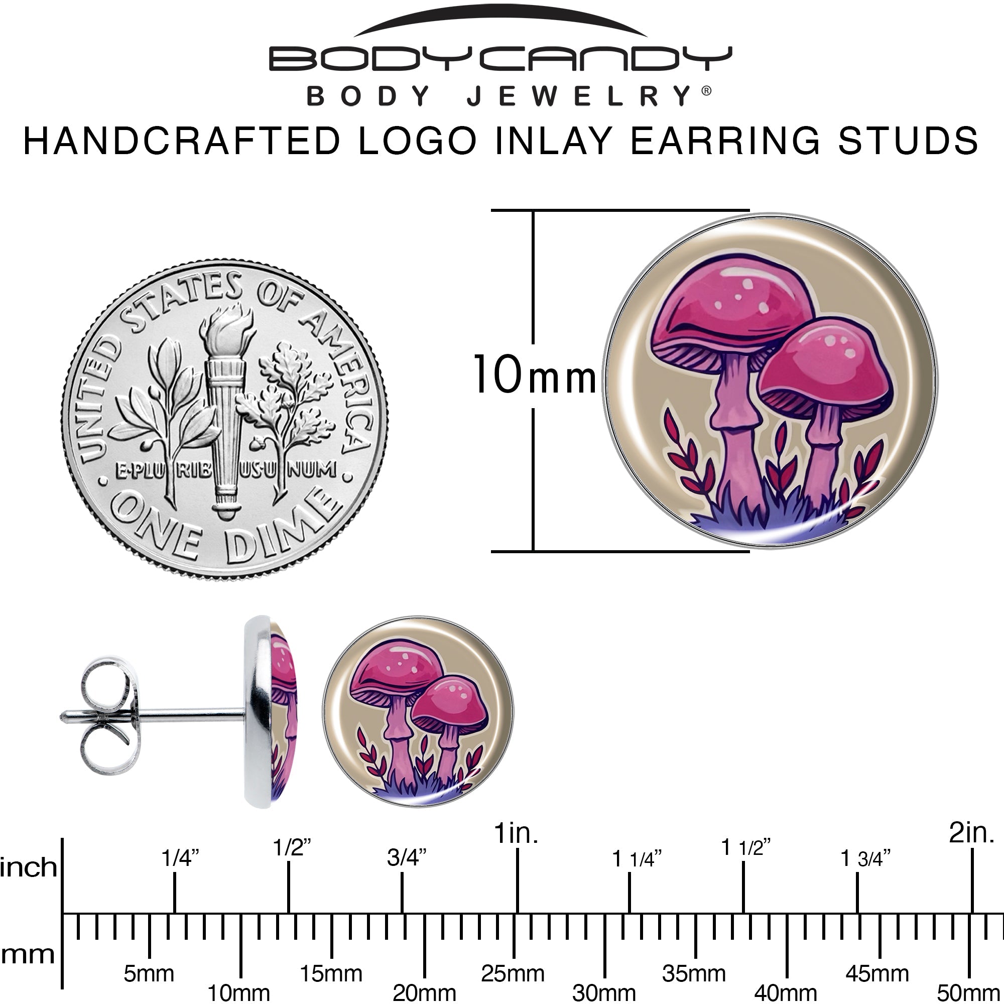 BodyCandy Artist Drawn Pink Mushrooms Stud Earrings by Onyx O — alternative angle