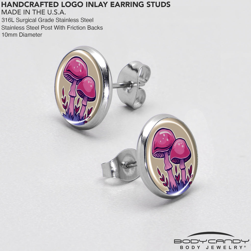 BodyCandy Artist Drawn Pink Mushrooms Stud Earrings by Onyx O — in-use photo