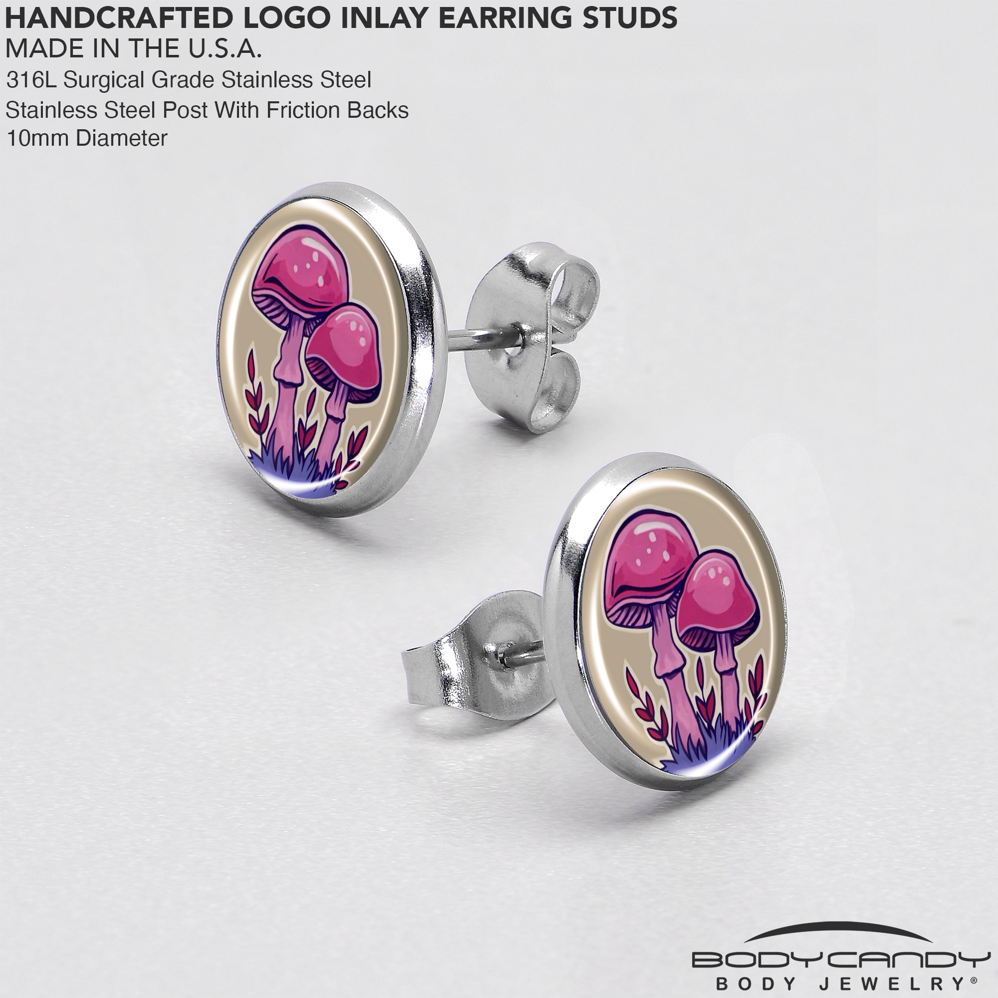 BodyCandy Artist Drawn Pink Mushrooms Stud Earrings by Onyx O — in-use photo