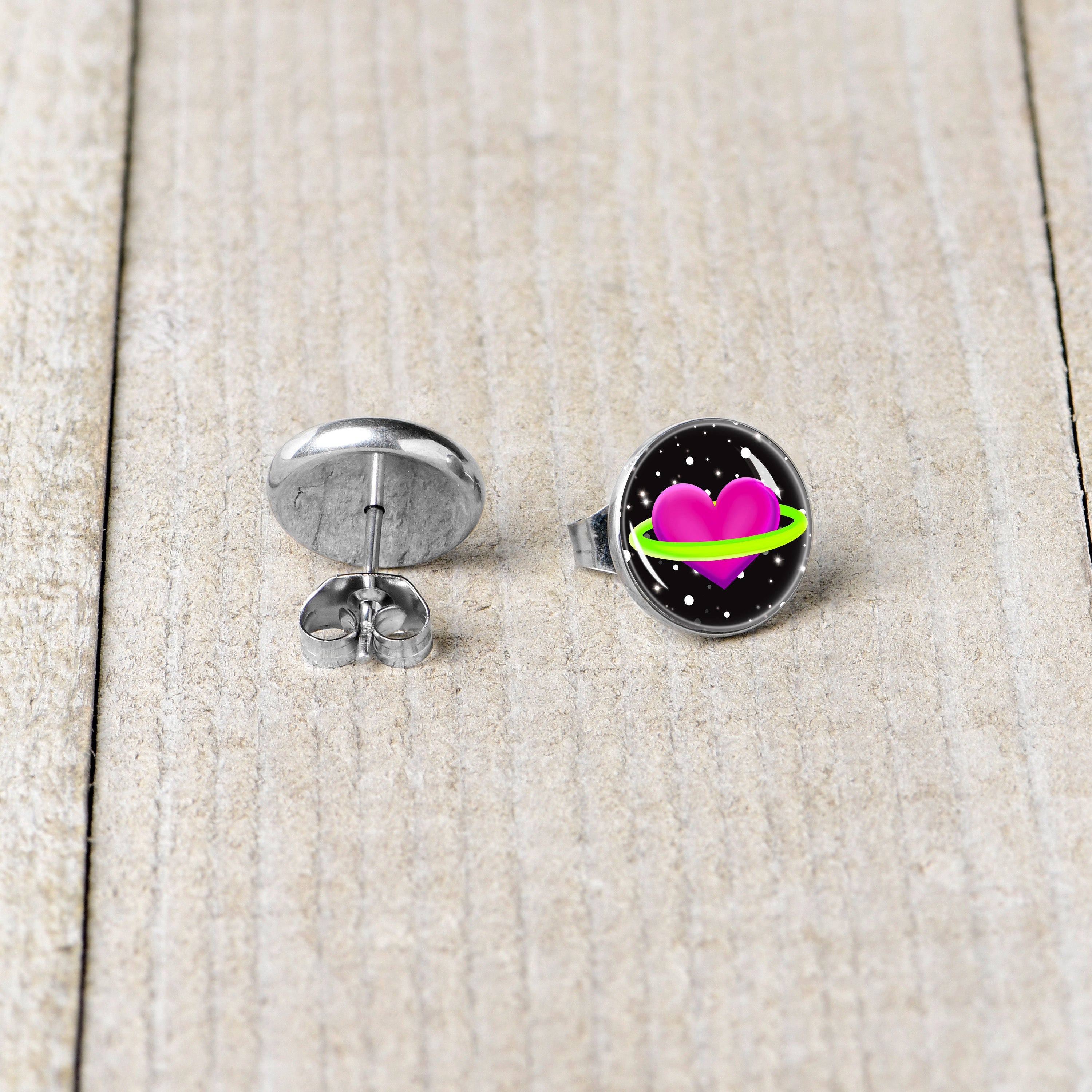BodyCandy Heart Planet Stud Earrings by Onyx O — back view