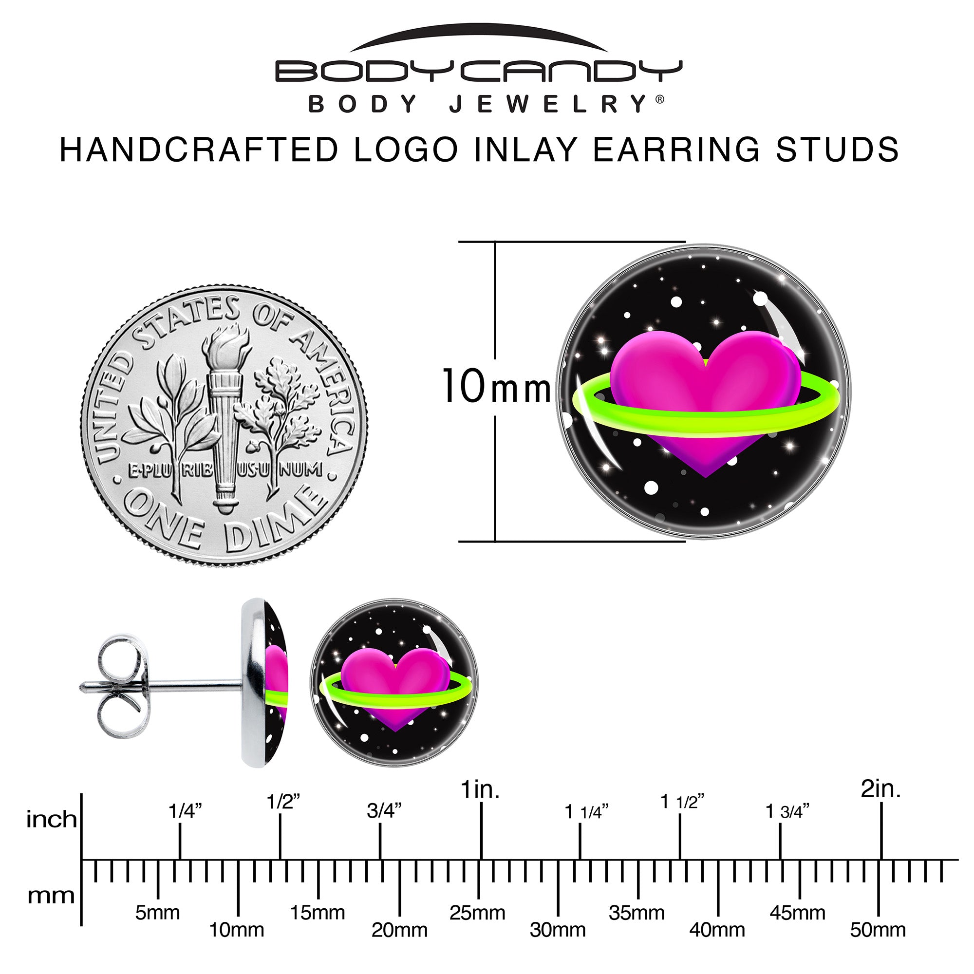 BodyCandy Heart Planet Stud Earrings by Onyx O — alternative angle