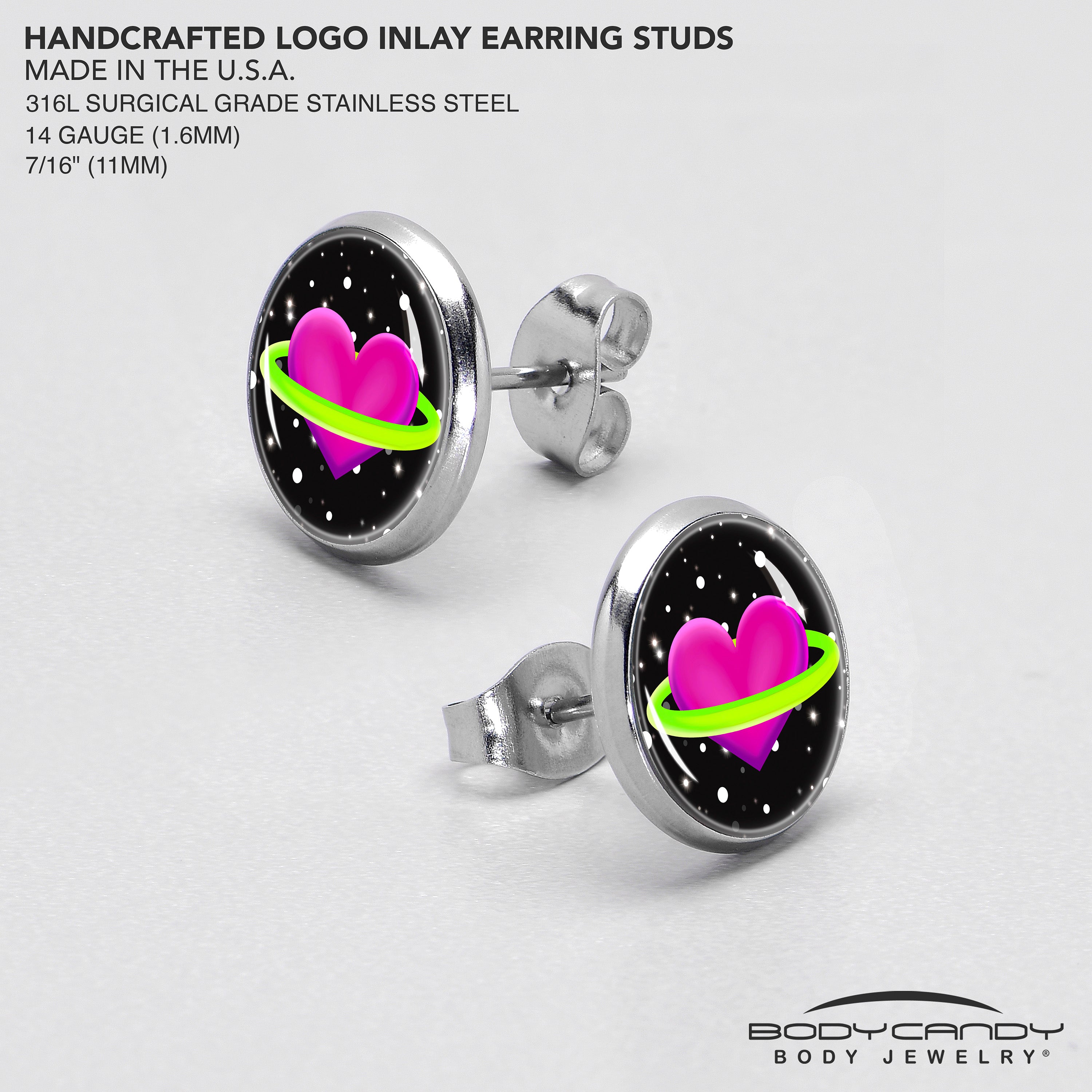 BodyCandy Heart Planet Stud Earrings by Onyx O — in-use photo