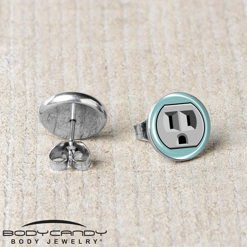BodyCandy Frowning Plug Outlet Stud Earrings by Onyx O — back view