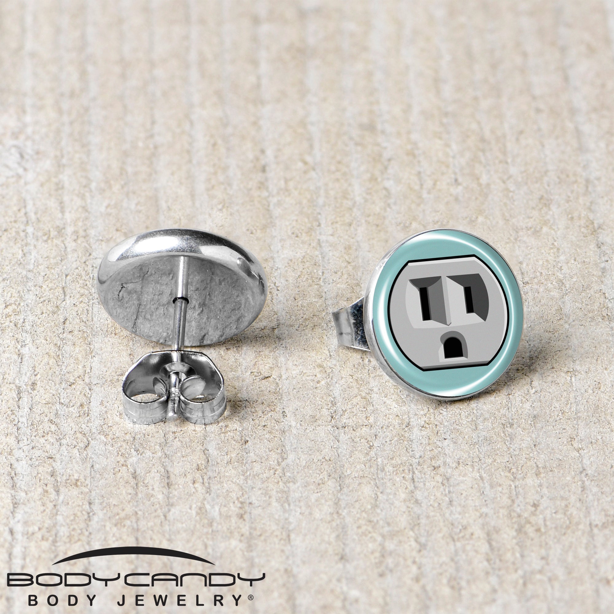 BodyCandy Frowning Plug Outlet Stud Earrings by Onyx O — back view