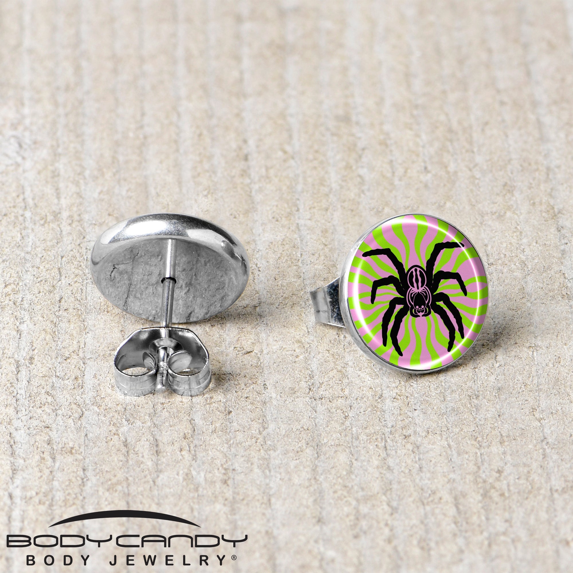 BodyCandy Psychedelic Spider Stud Earrings by Onyx O — back view