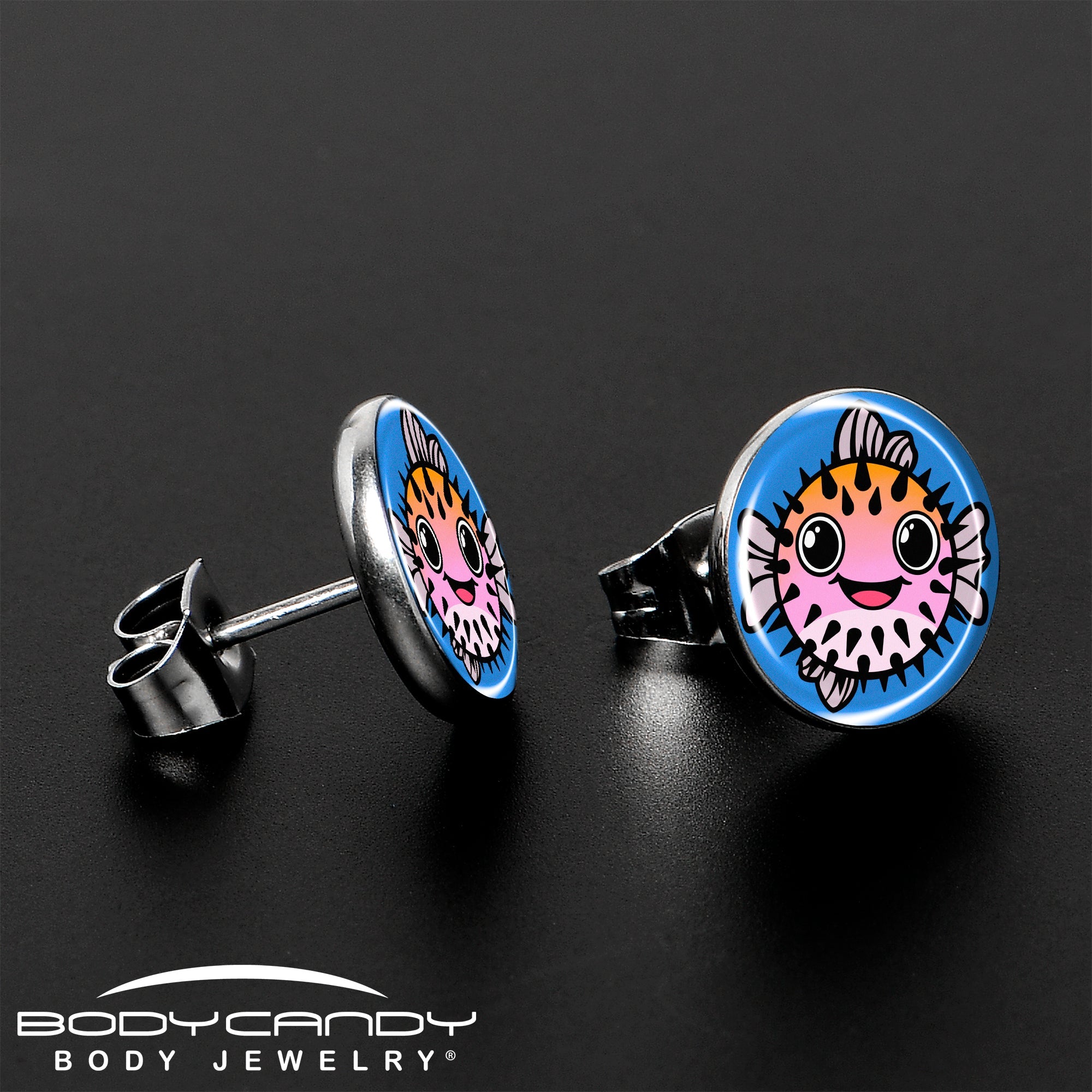 BodyCandy Swimming Pink Pufferfish Stud Earrings by Onyx O — lifestyle context