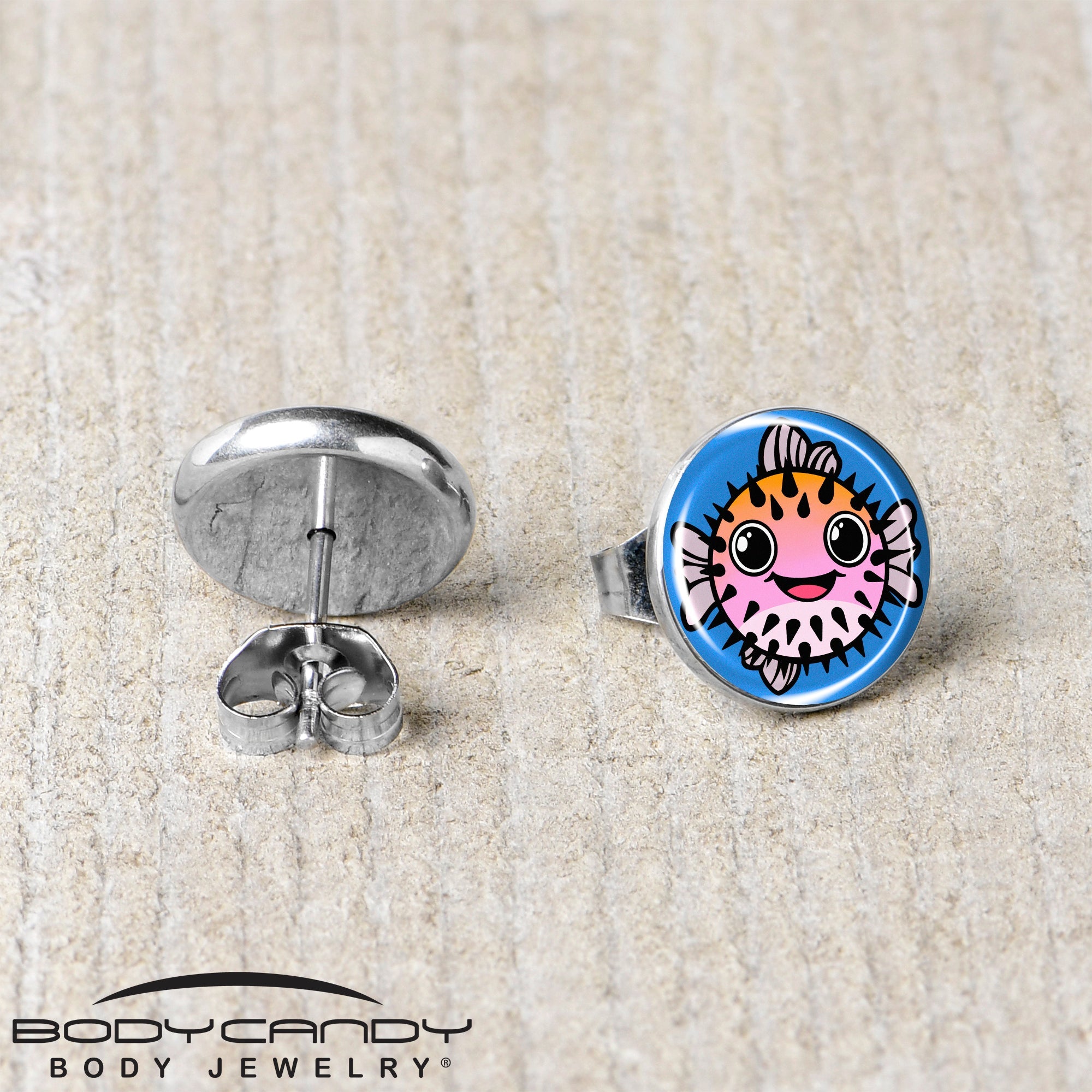 BodyCandy Swimming Pink Pufferfish Stud Earrings by Onyx O — back view