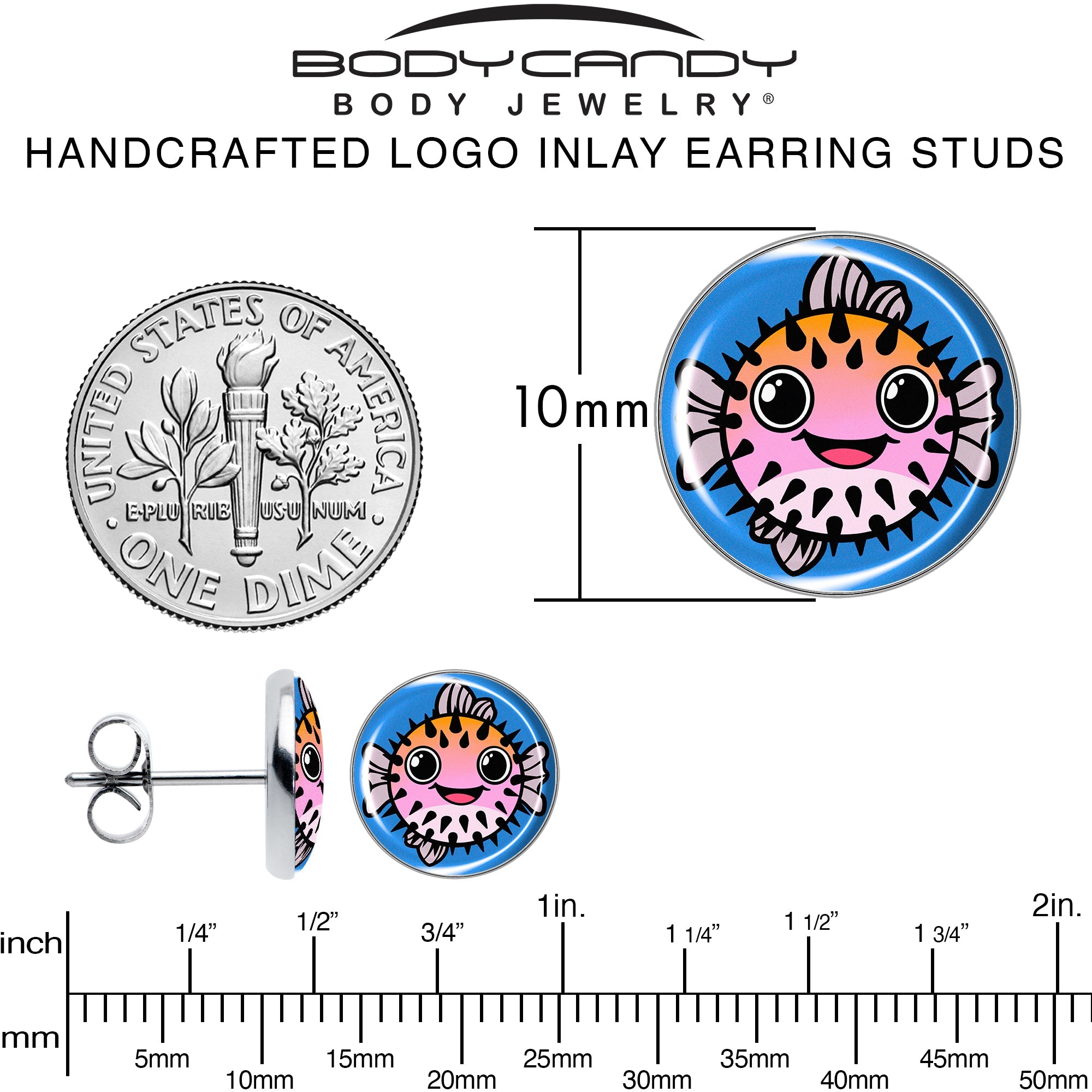 BodyCandy Swimming Pink Pufferfish Stud Earrings by Onyx O — alternative angle