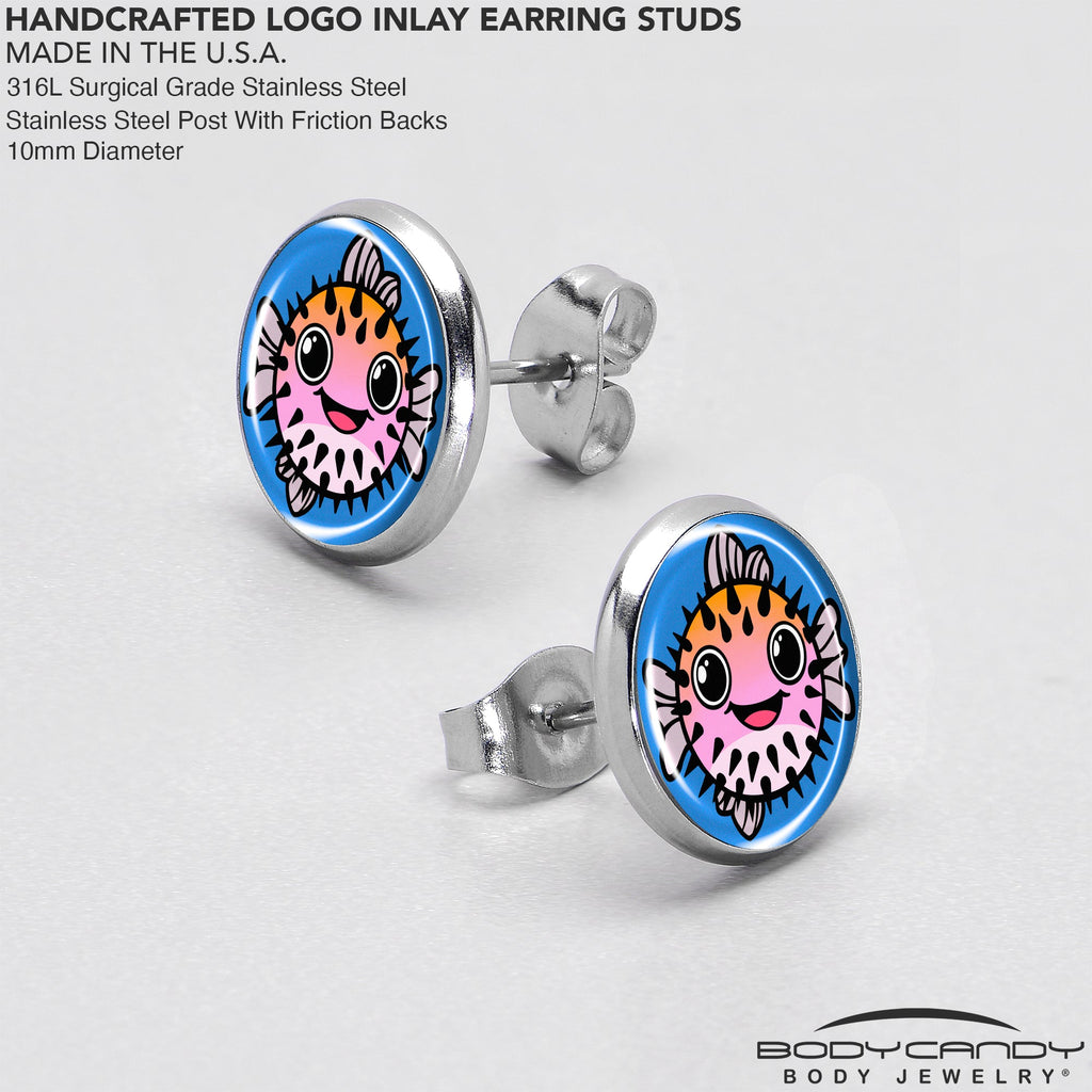 BodyCandy Swimming Pink Pufferfish Stud Earrings by Onyx O — in-use photo