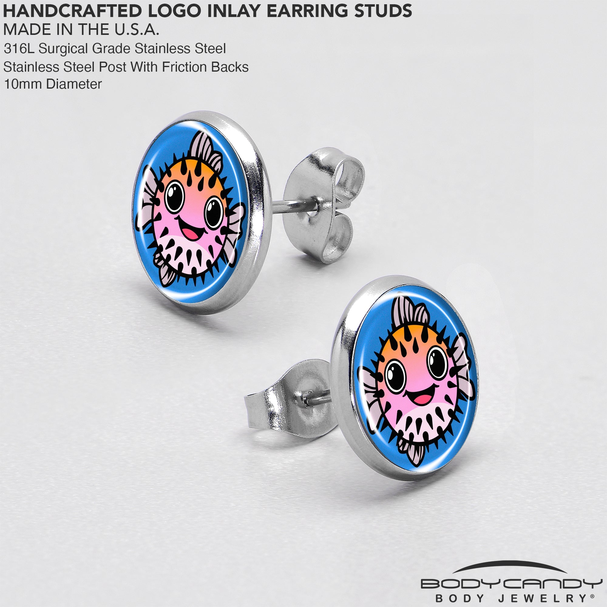 BodyCandy Swimming Pink Pufferfish Stud Earrings by Onyx O — in-use photo