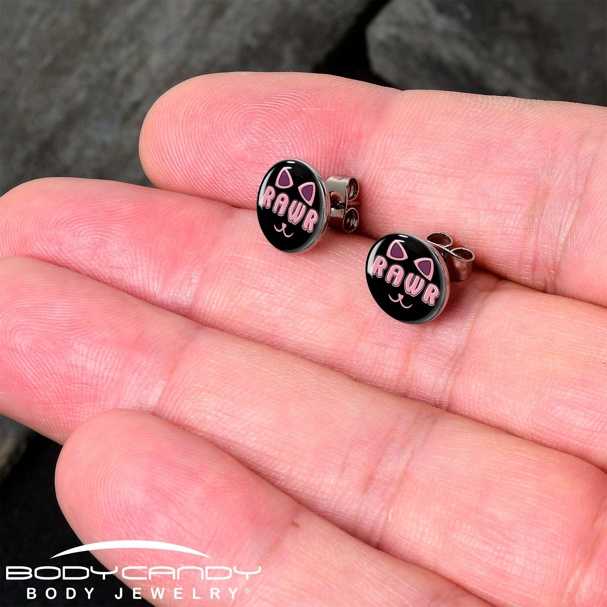 BodyCandy RAWR Kitty Cat Stud Earrings by Onyx O — detail close-up
