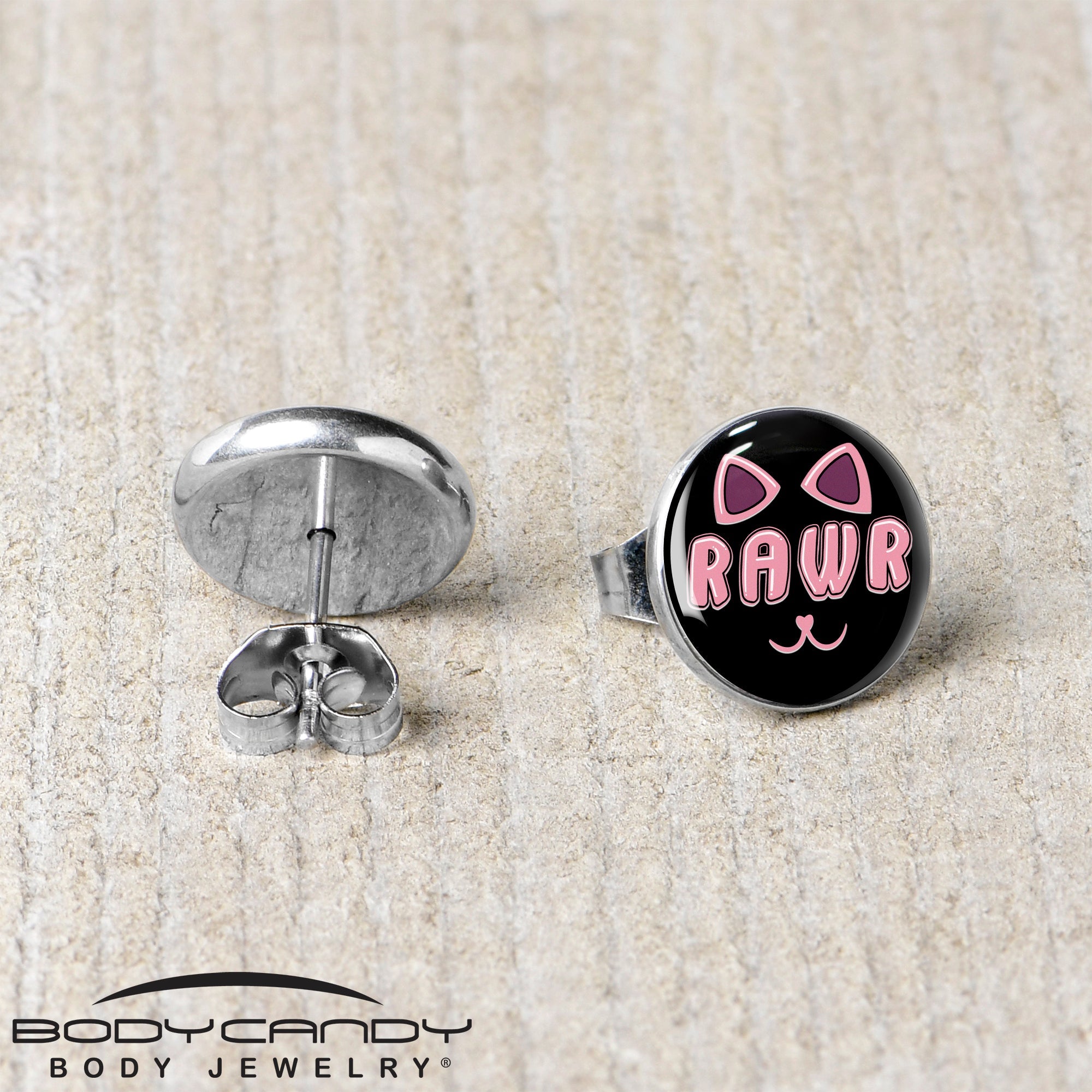 BodyCandy RAWR Kitty Cat Stud Earrings by Onyx O — back view