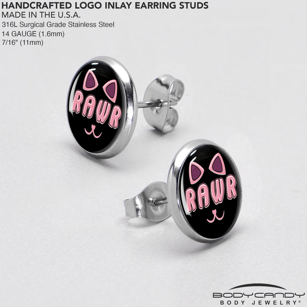 BodyCandy RAWR Kitty Cat Stud Earrings by Onyx O — in-use photo