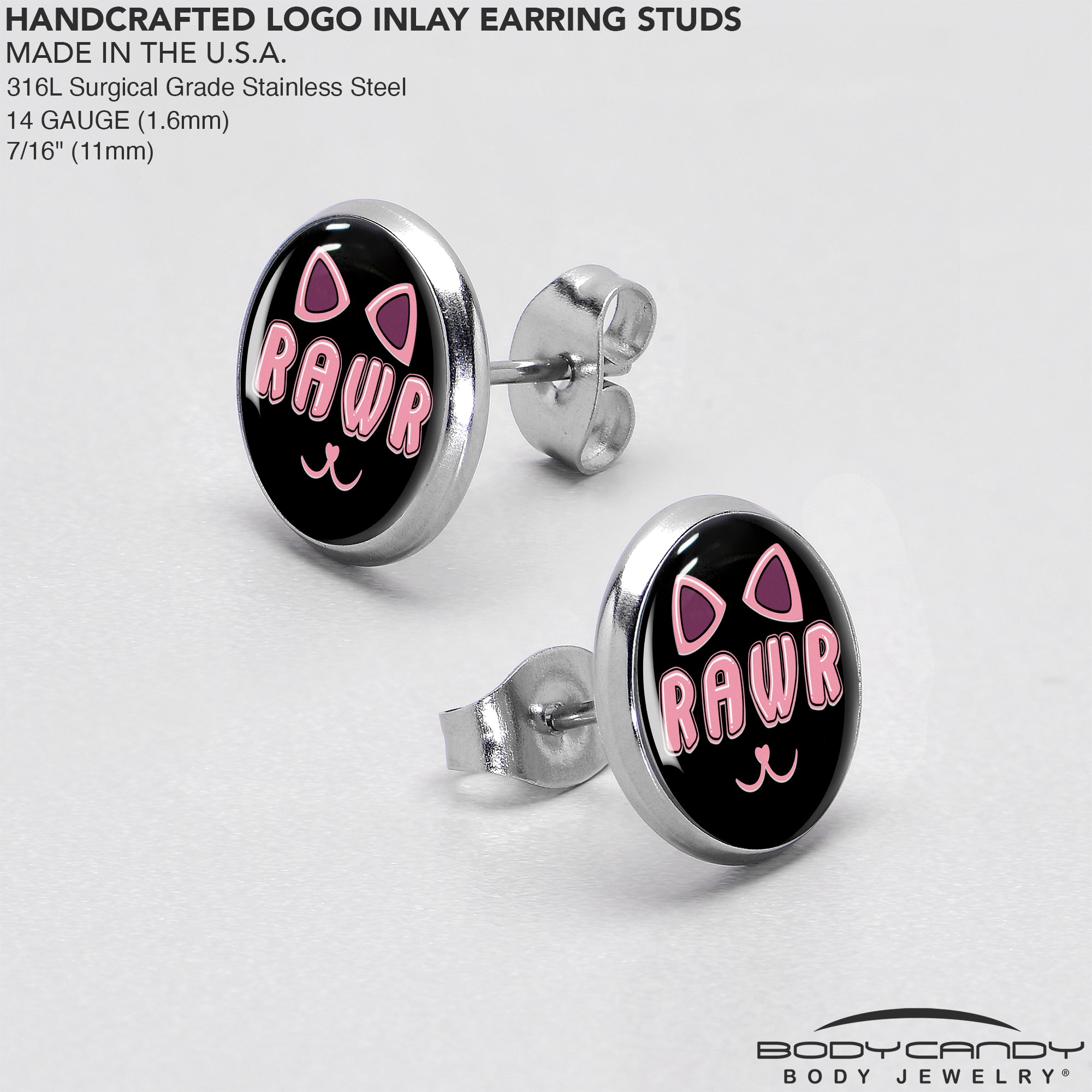 BodyCandy RAWR Kitty Cat Stud Earrings by Onyx O — in-use photo