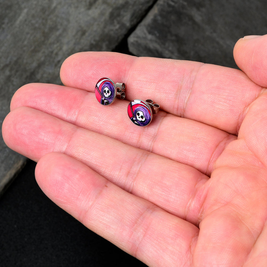 BodyCandy Grim Reaper Stud Earrings by Onyx O — detail close-up
