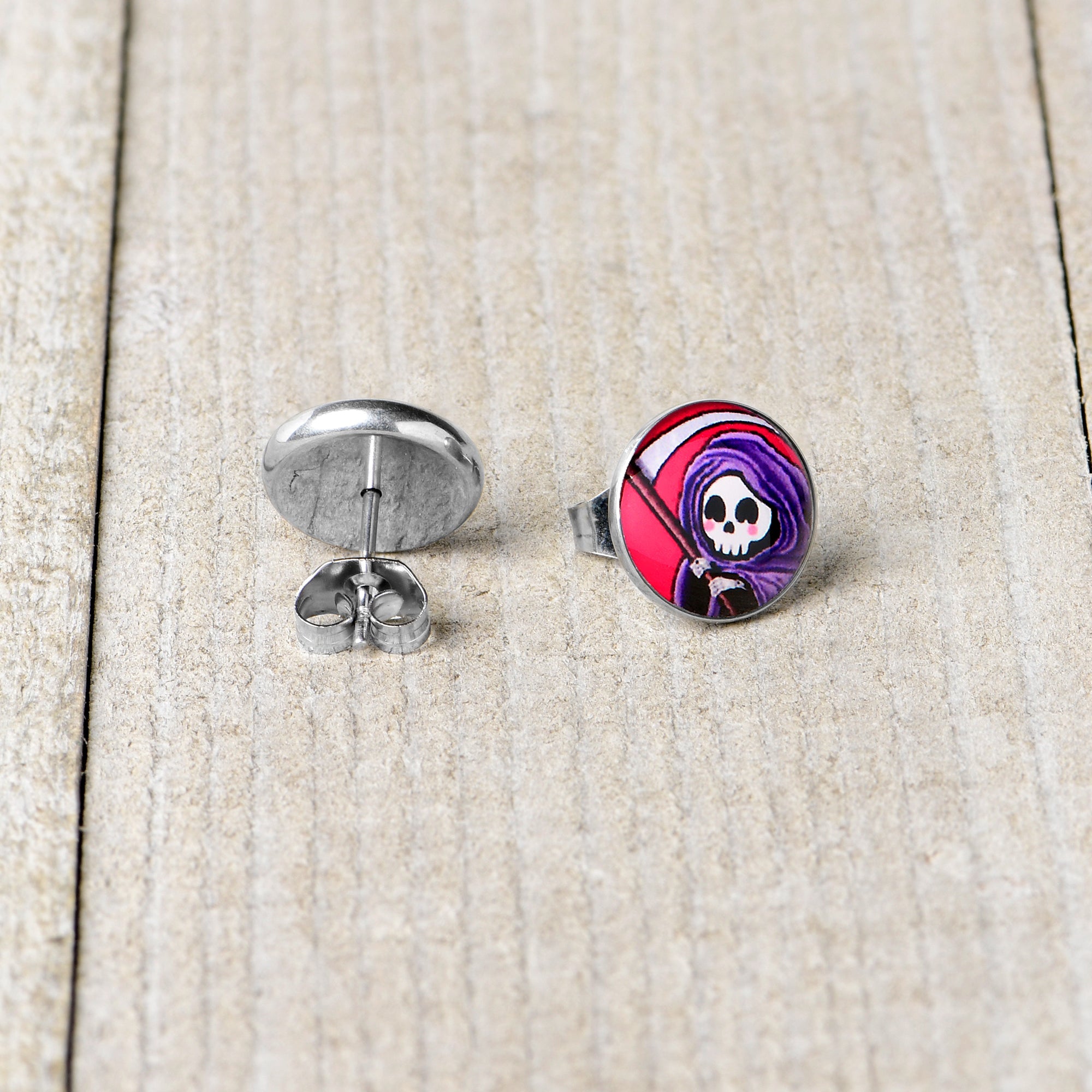 BodyCandy Grim Reaper Stud Earrings by Onyx O — back view
