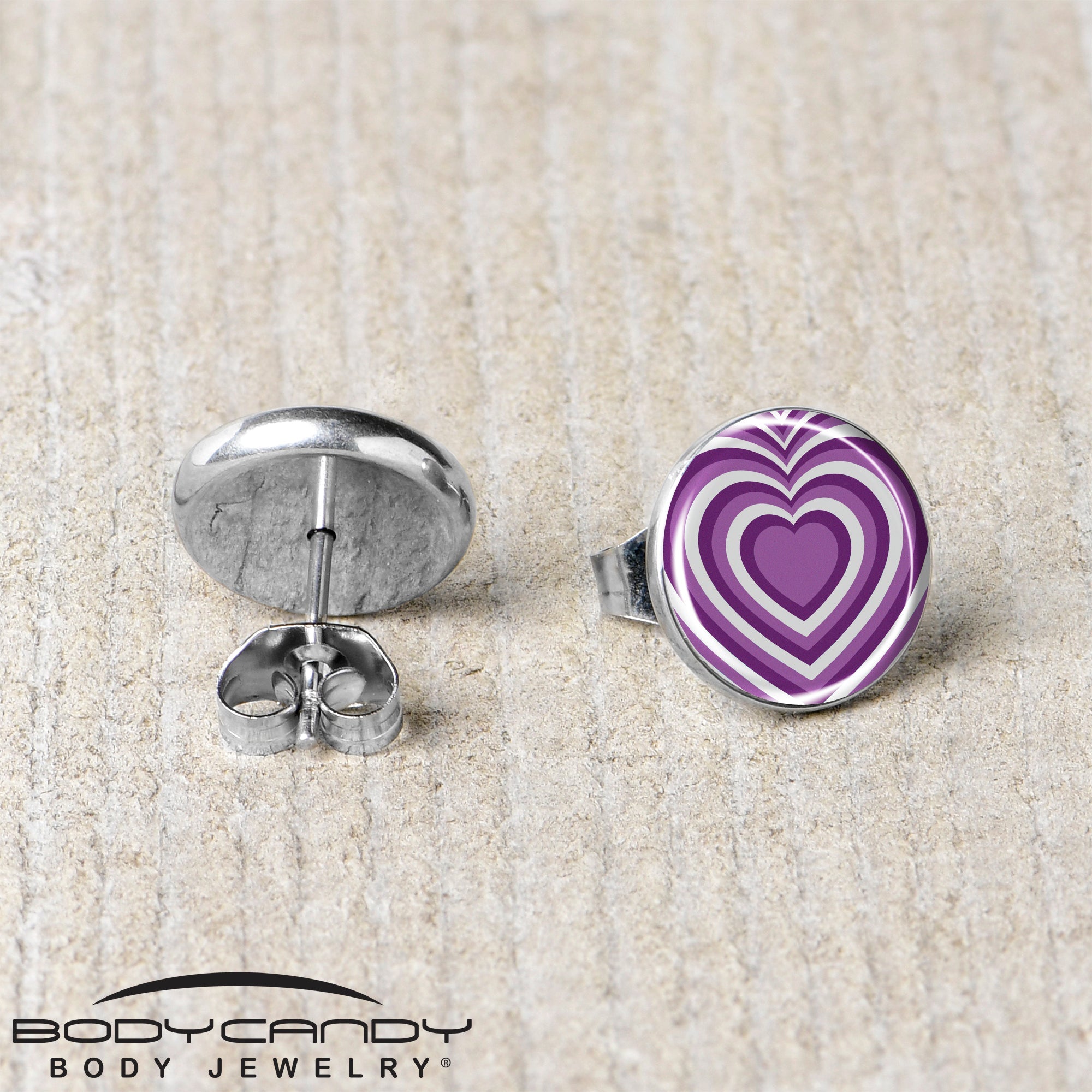 BodyCandy Purple Retro Heart Stud Earrings by Onyx O — back view