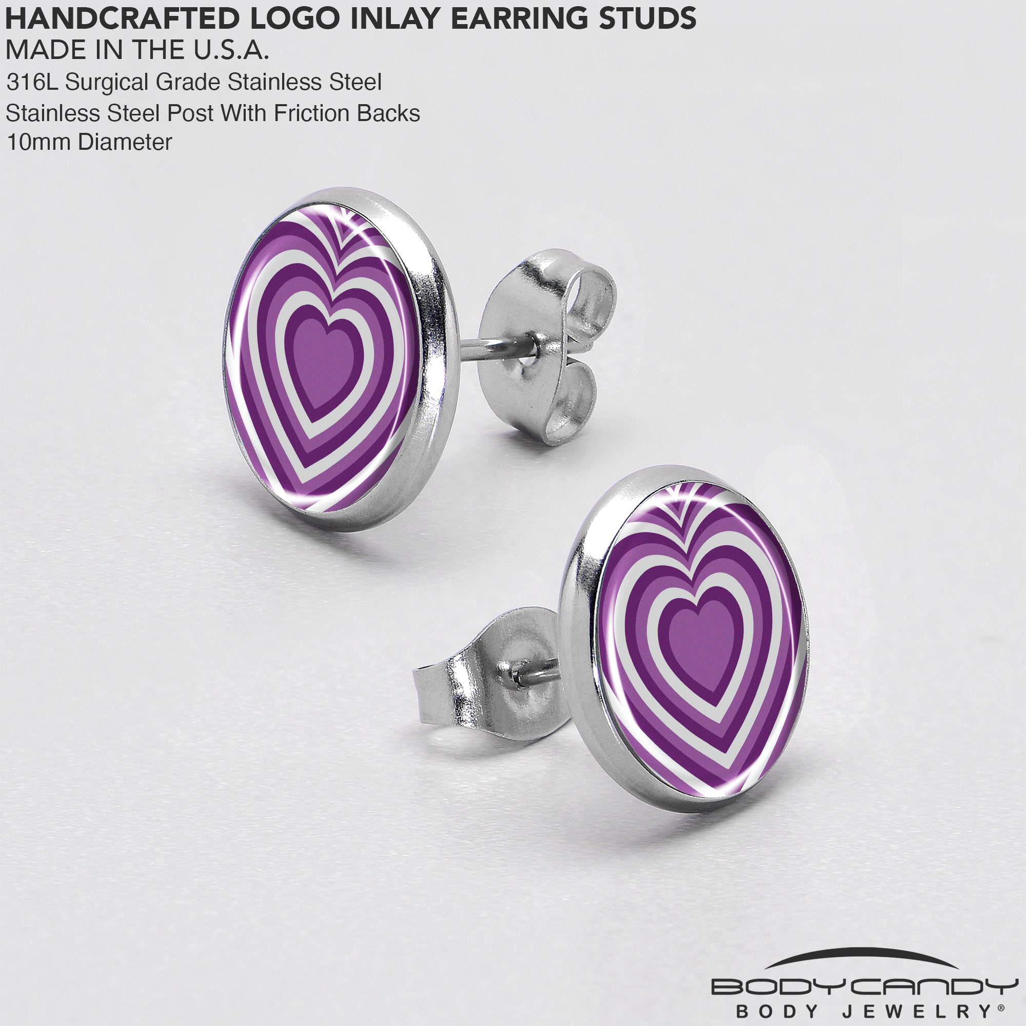 BodyCandy Purple Retro Heart Stud Earrings by Onyx O — in-use photo